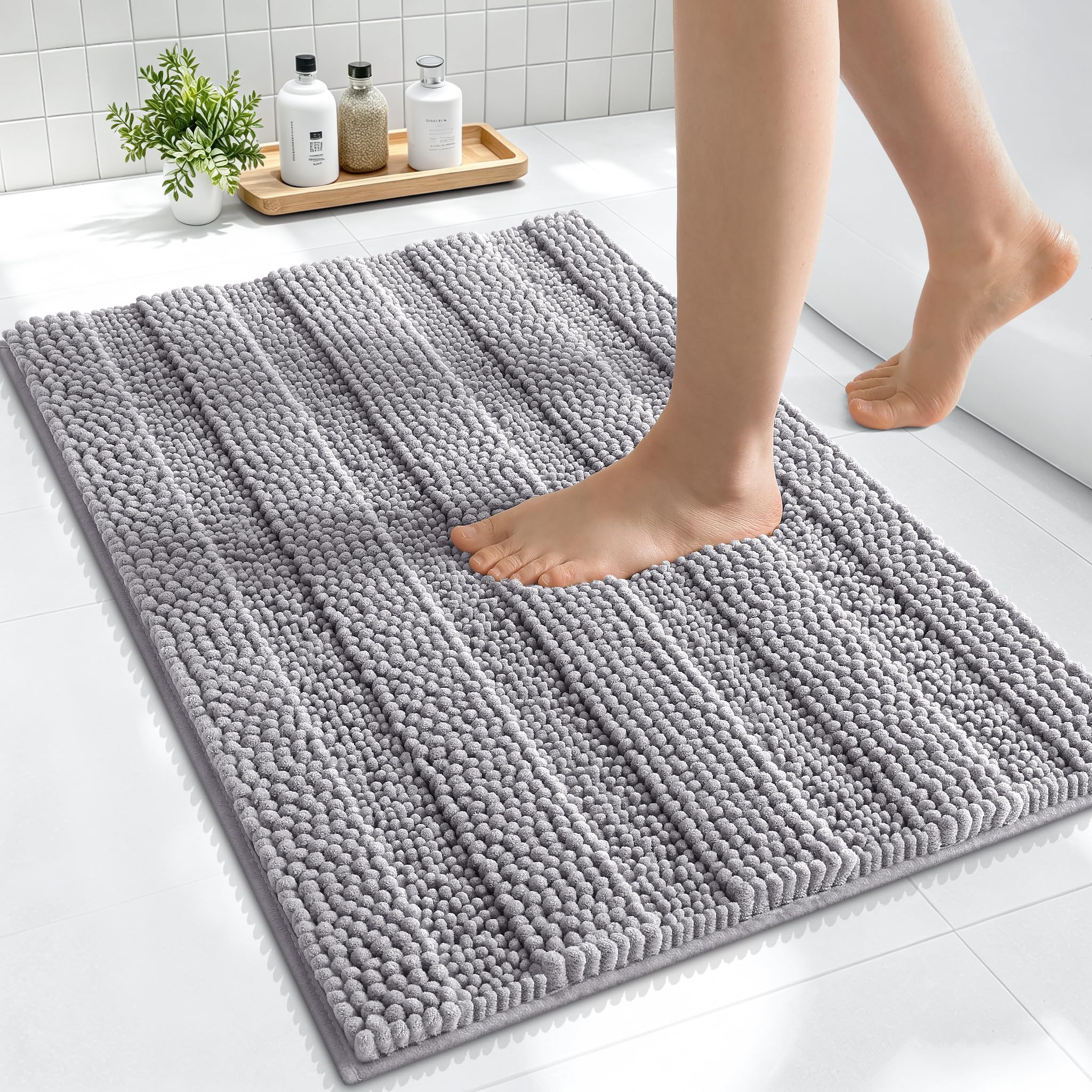 Smiry Thick Small Chenille Bathroom Rugs 24x16, Absorbent Bath Mat, Grey