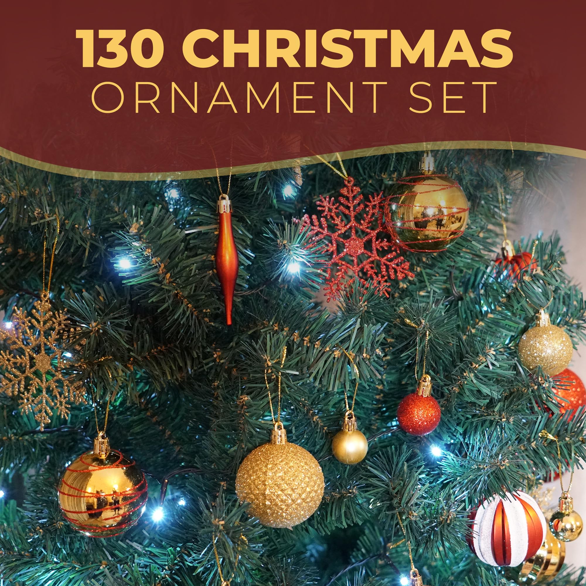 Festive Fix Set di 130 palline di Natale, decorazioni rosse e dorate con puntale per albero, fiocchi di neve, glitter, opachi e design unici, set completo di decorazioni per albero di Natale per