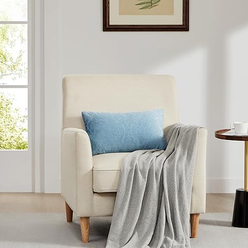 Miniatura 7 de GIGIZAZA Fundas de almohada de terciopelo de 12 x 20 pulgadas, paquete de 2 piezas, almohadas lumbares decorativas color azul piedra con estampado