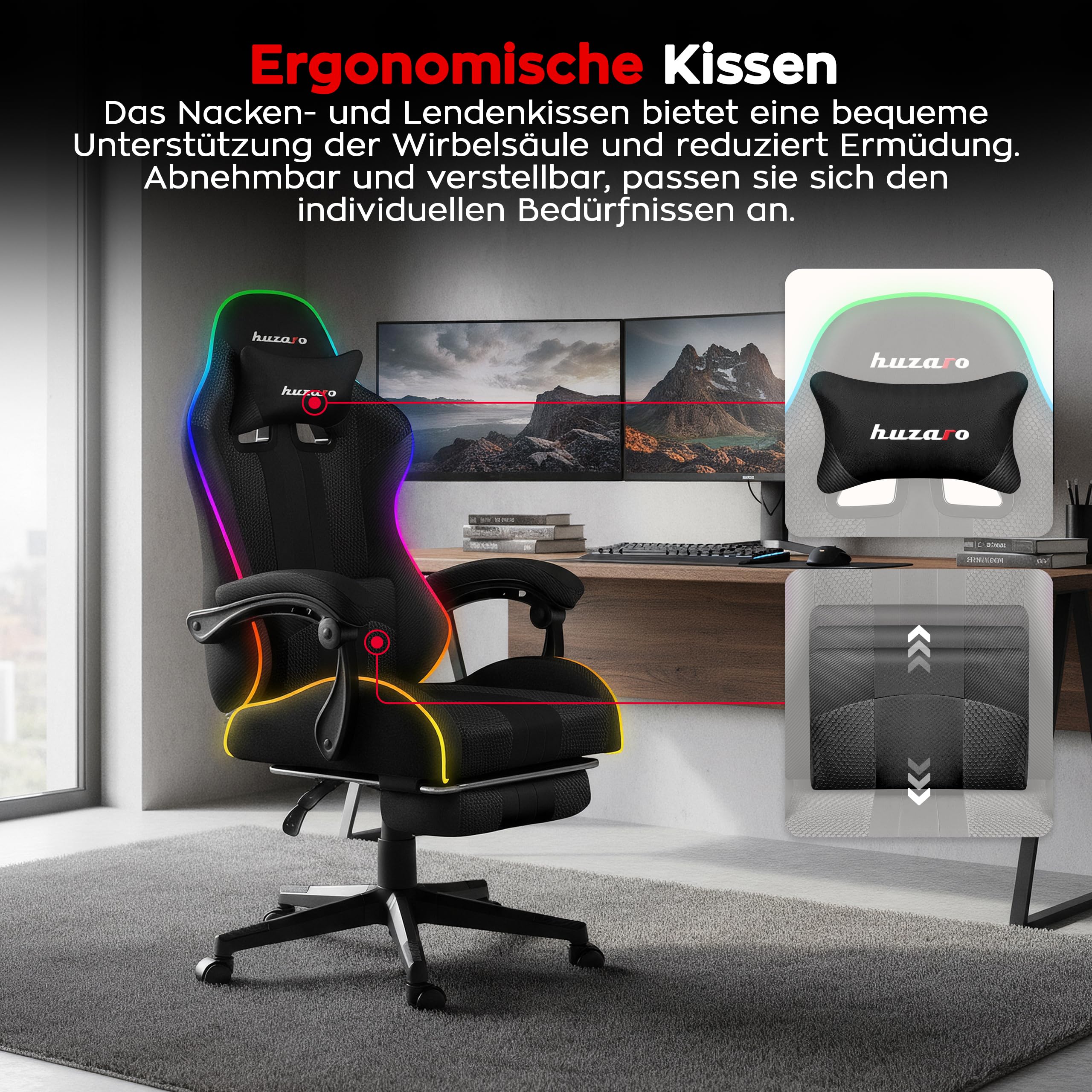 huzaro Force 4.7 RGB Gaming Stuhl - Ergonomischer Bürostuhl & PC Stuhl | Schreibtischstuhl für Gamer - Bis 150 kg belastbar - Mit ausziehbarer Fußstütze & Lendenkissen - Stoff Mesh - Schwarz