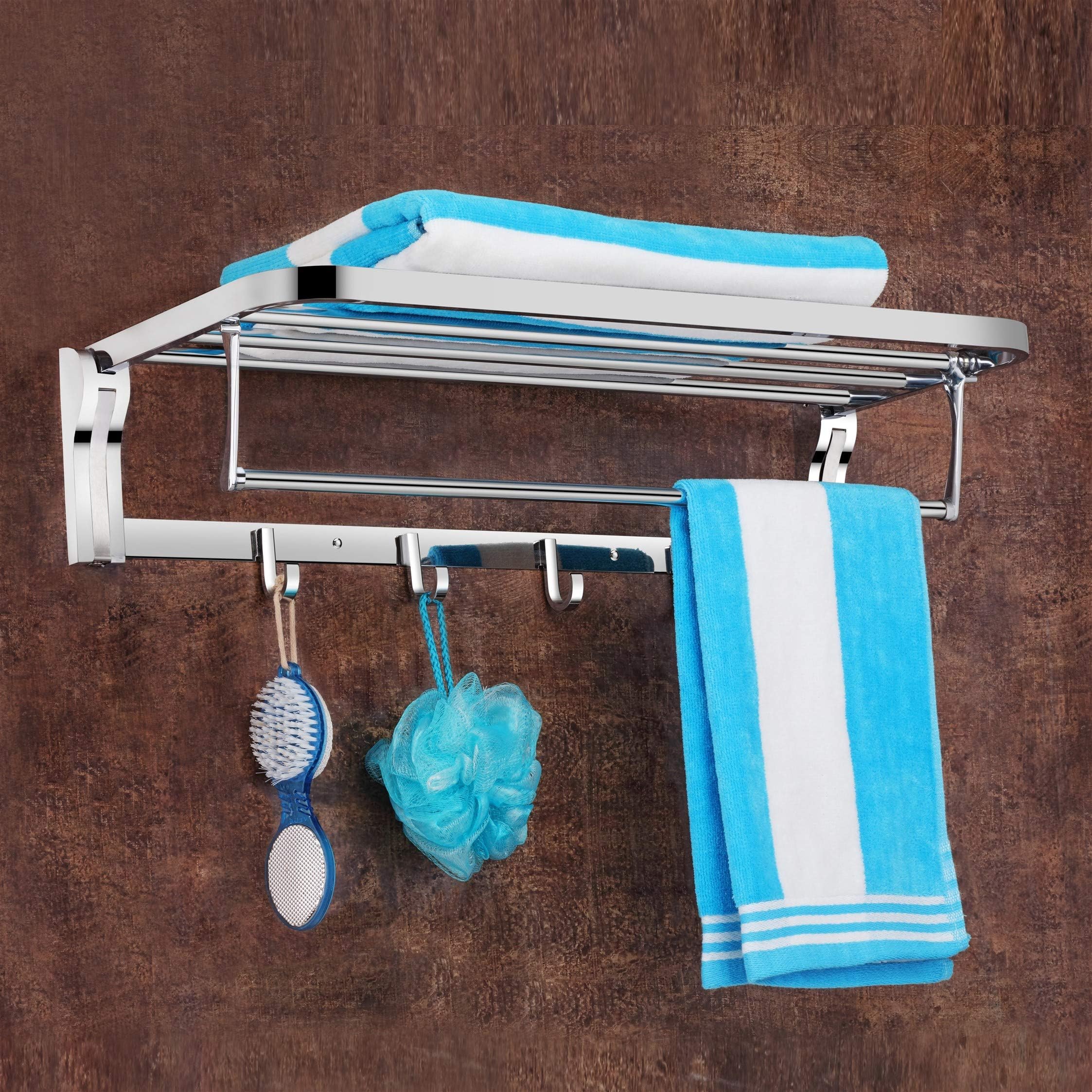 Plantex Stainless Steel Folding Towel Rack/Towel Rod with Hooks for Bathroom/Towel Stand/Towel Hanger/Bathroom Accessories (24-inch) Chrome
