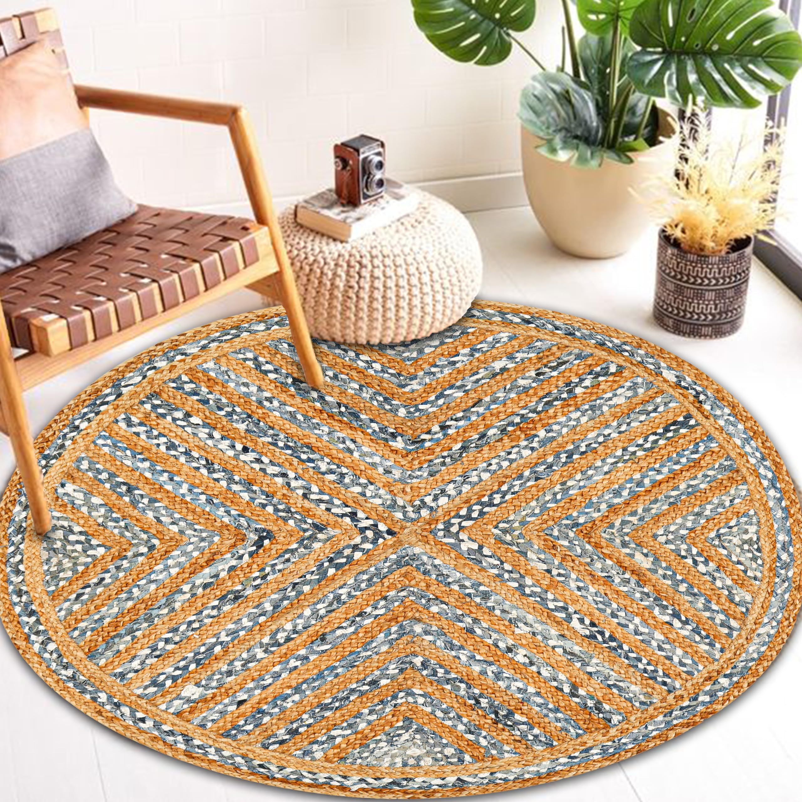 Lightnpro Bohemian-Teppich aus Jute, Baumwolle, Denim, geflochten, rund, Bauernhaus, Jute, Baumwolle, Flickenteppich für Küche, Kinderzimmer, Spielzimmer, bunt, handgewebt, wendbar, haustierfreundlich