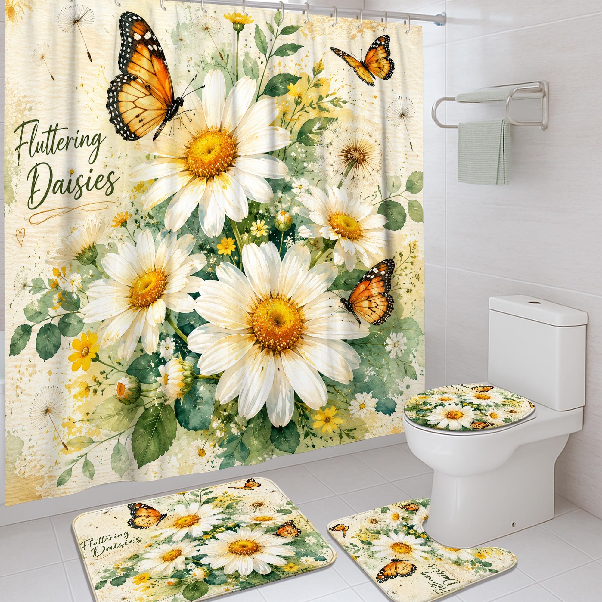 Rideau de douche 183 x 183 cm lavable avec tapis de bain motif marguerite