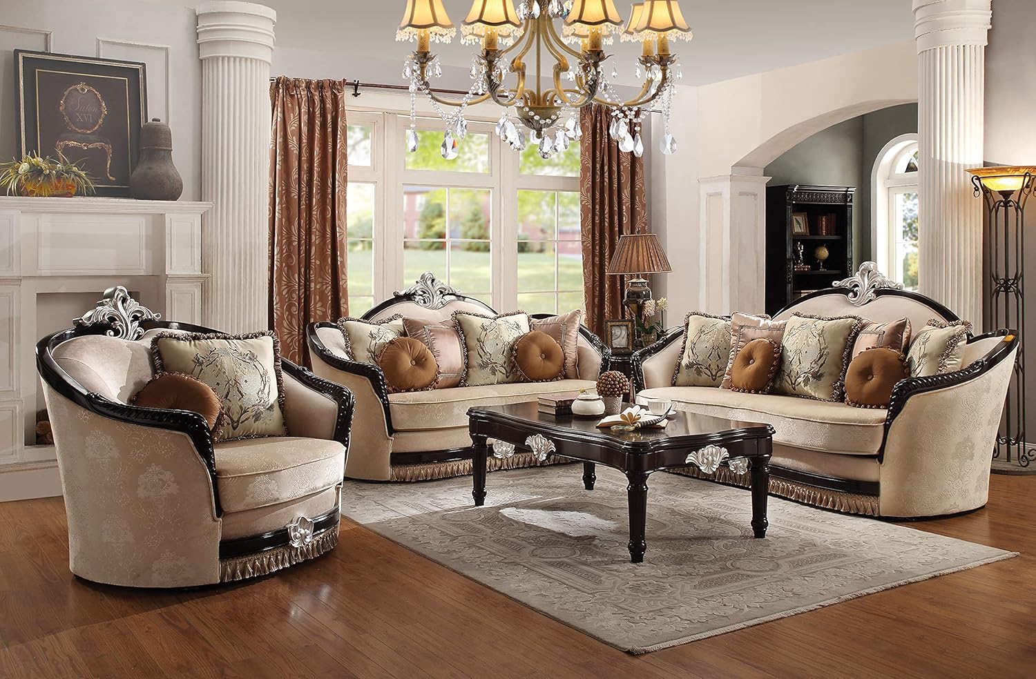 Acme Ernestine Loveseat (with 6 Pillows) in Tan Fabric & Black