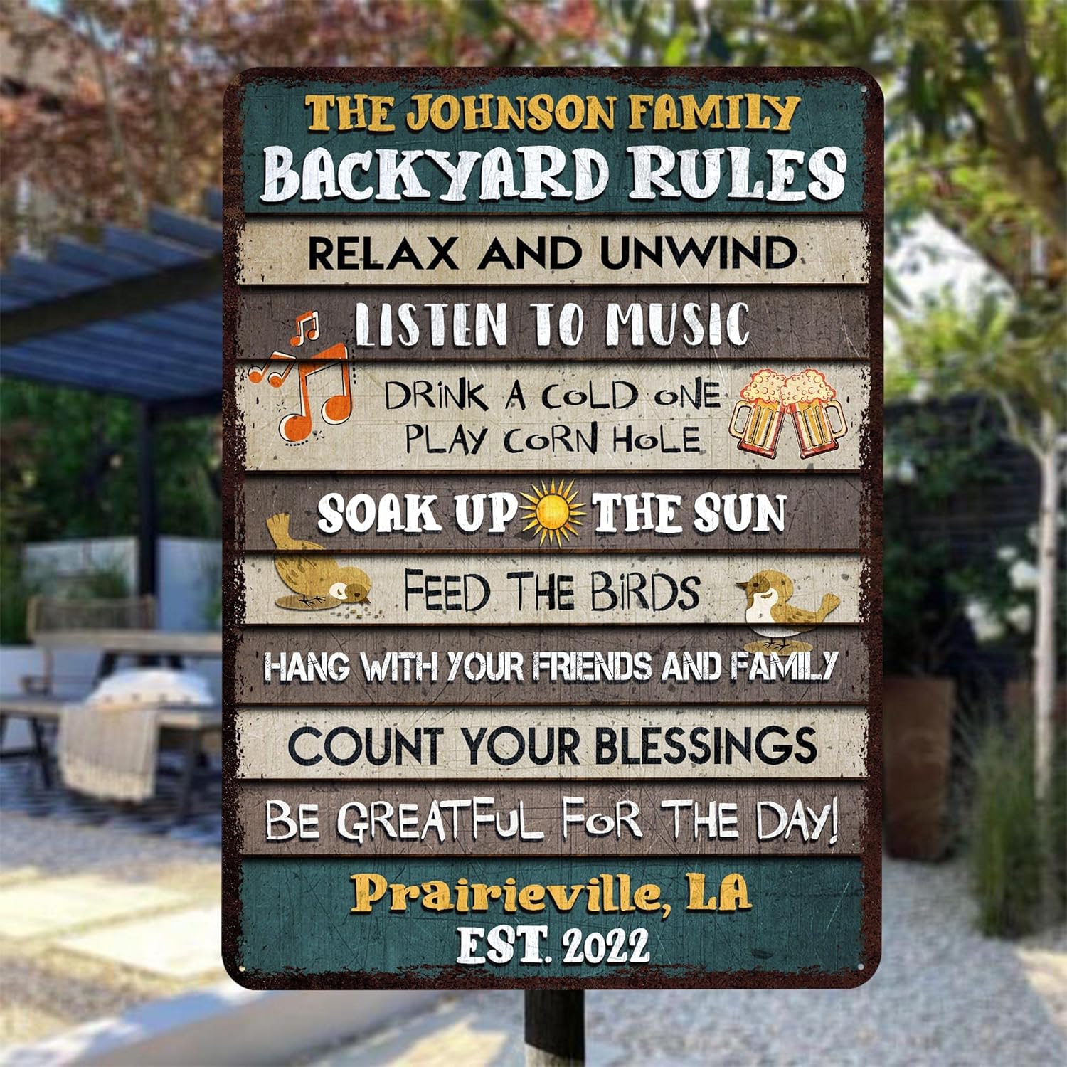 V Vibepy All Over Printed, Backyard Rules Metal Sign 8x12", 12x18", 16x24", Backyard Sign, Porch Patio Decorations