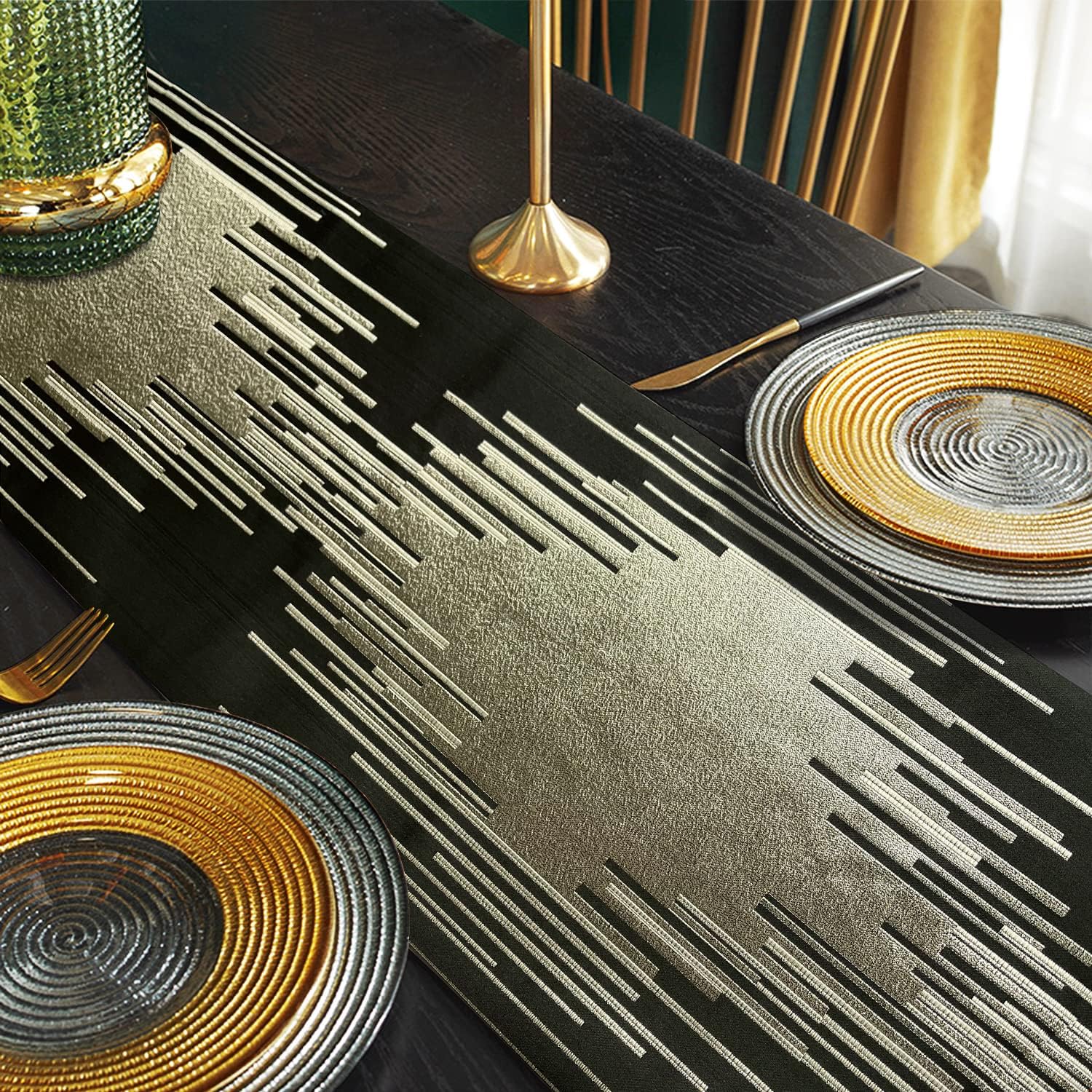 Black Table Runner 72 Inches Long Handmade Embroidery Modern Abstract Striped Pattern with Ring Stylish Tassels for Home Living Room Bedroom Dinner Room Kitchen Art Decor Thanksgiving