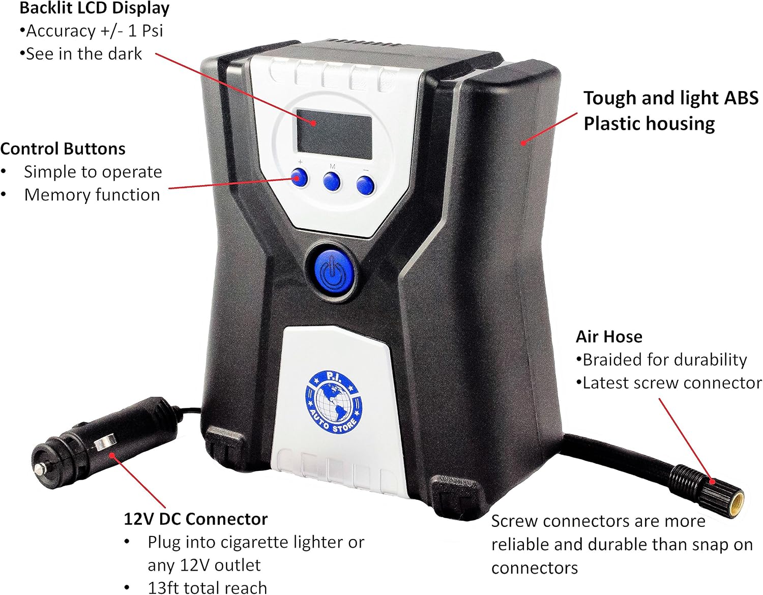 P.I. Auto Store - Premium 12V DC Tire Air Compressor Pump, Portable Digital Automatic Tire Inflator. With Carry Case