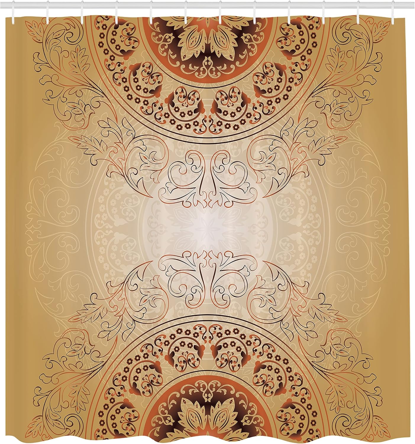 Lunarable Ethnic Shower Curtain, Retro Oriental Mandala Style Floral Circle Antique Swirls Pattern, Cloth Fabric Bathroom Decor Set with Hooks, 69" W x 75" L, Pale Cinnamon