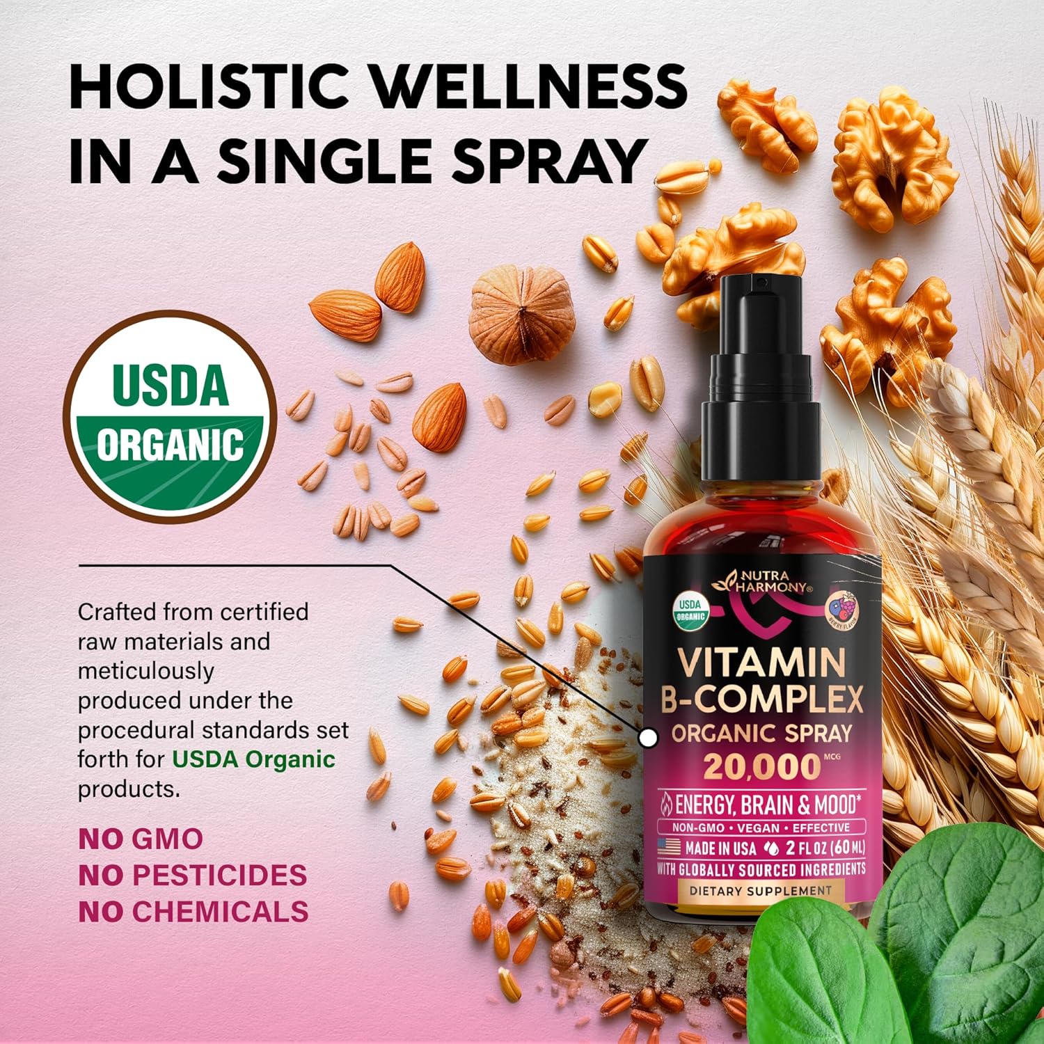 USDA Organic Vitamin B-Complex Liquid Spray 8-in-1 - B5 Pantothenic Acid | B12 Methylcobalamin | B1 Thiamine | B6 Pyridoxine | B7 Biotin | B9 Folic | B3 Niacinamide - Made in USA Supplement, 2fl oz - Image 4