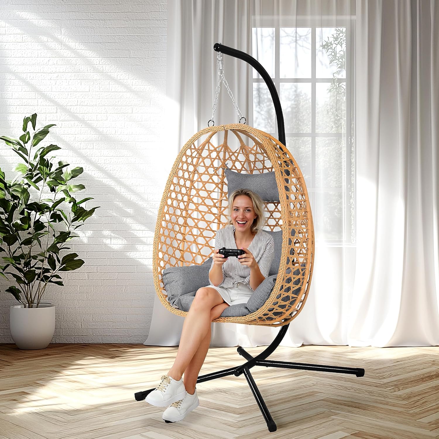 EortheX Hanging Egg Chair with Cushions  Comfortable Rattan Swing Chair with Stand for Patio, Garden, or Balcony  Stylish and Relaxing Outdoor Lounge Chair, 350LBS Capacity Indoor Outdoor