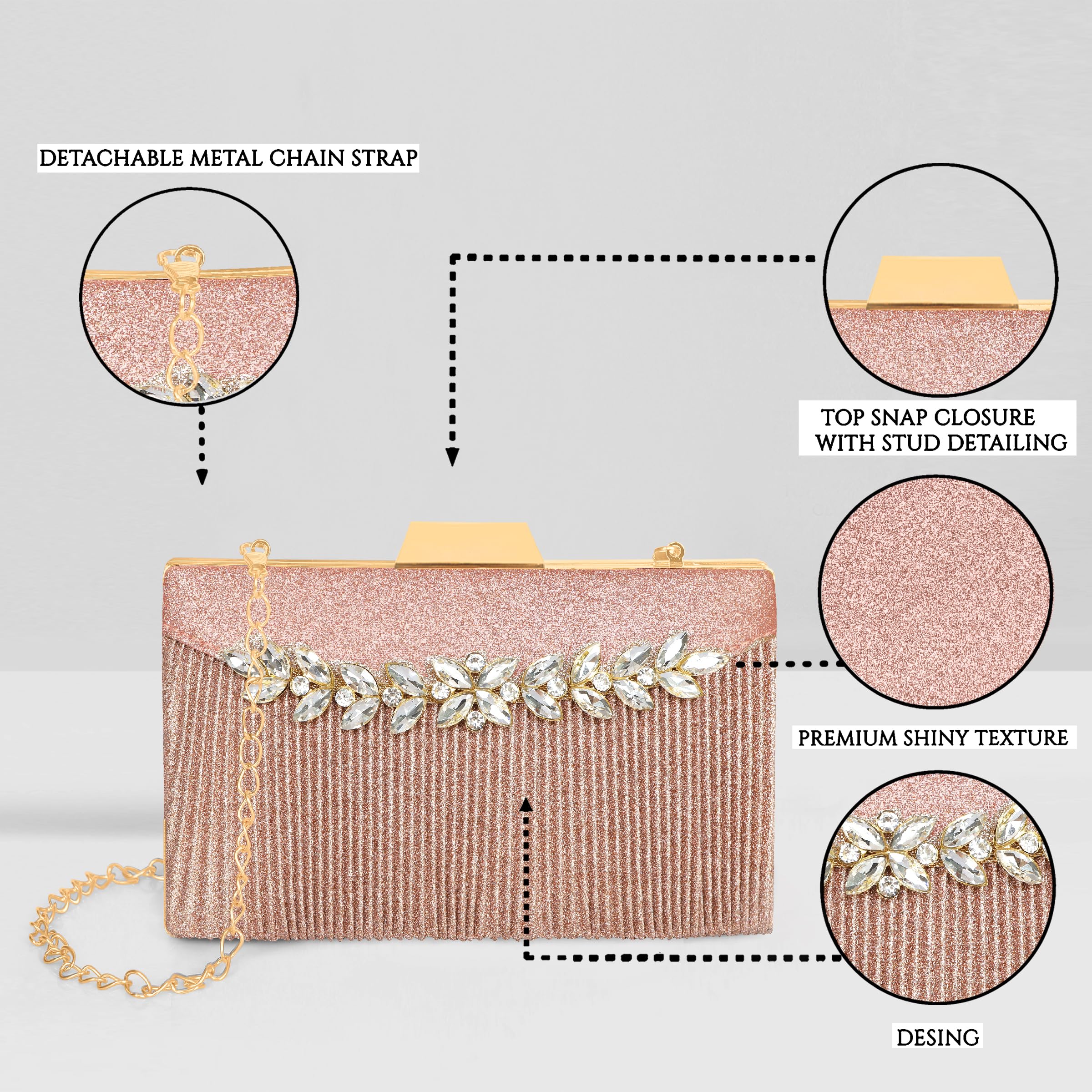 MISHA Shimmer Grace Clutch Bag with Crystal Leaf Accent, Glitter Finish, and Detachable Chain (ROSE GOLD) 4