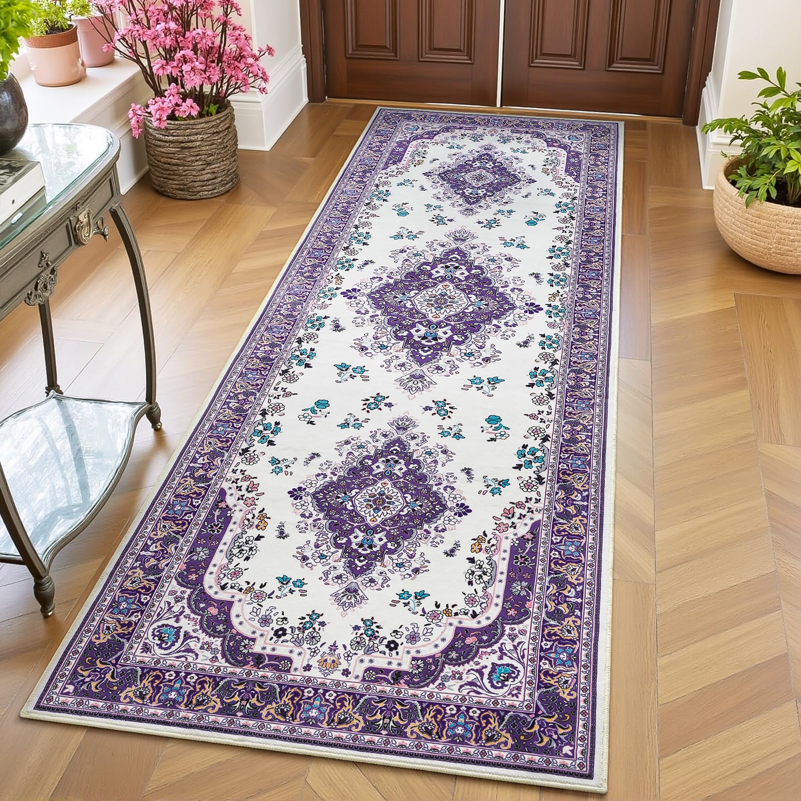 Tapis de couloir lavable violet grand format pour entrée