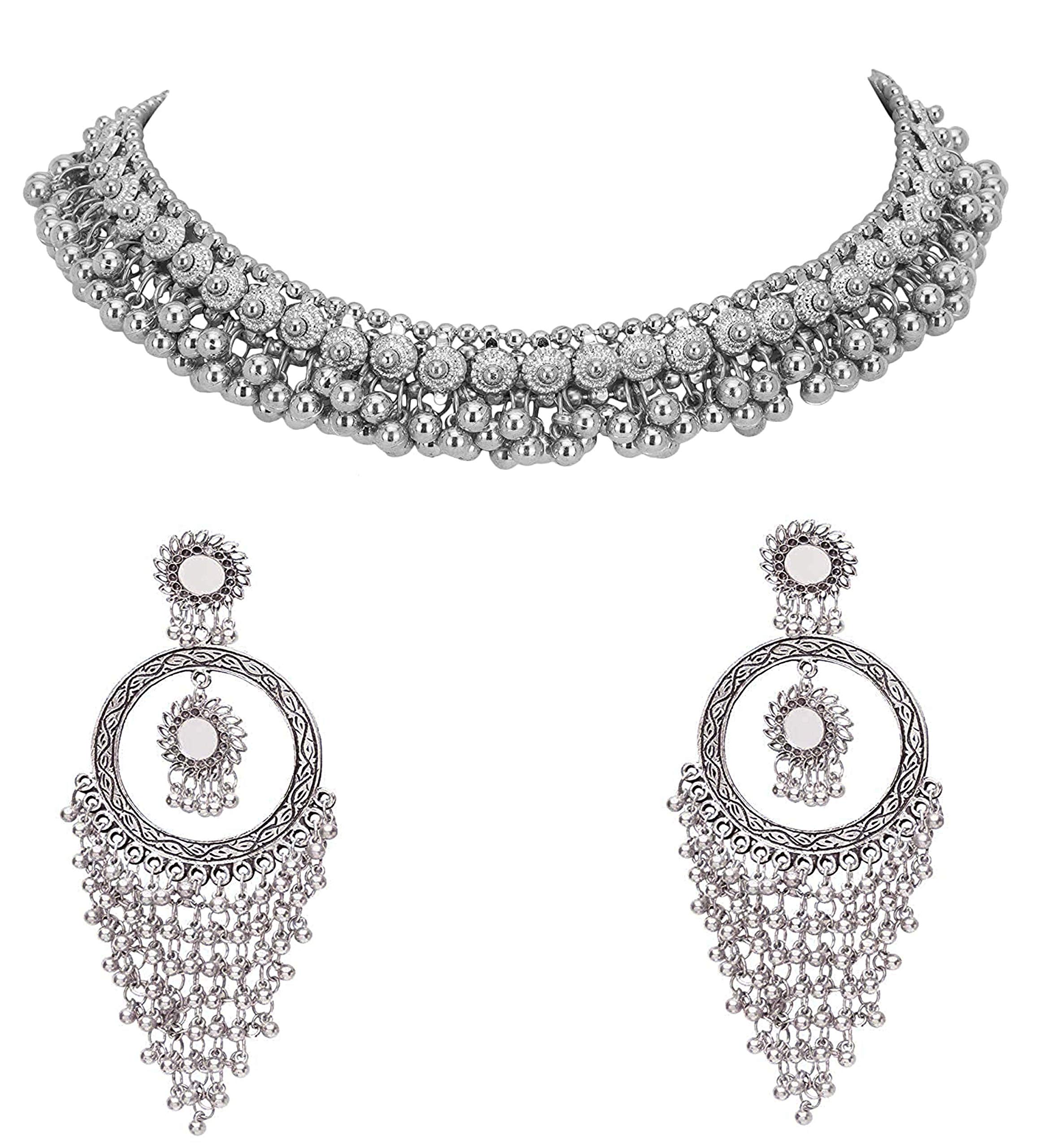Total Fashion Latast Stylish Boho Trible Silver Oxidised Choker Necklace Jewellery Set Women for Girls (B08QRRLVDR) Amazon Price History, Amazon Price Tracker