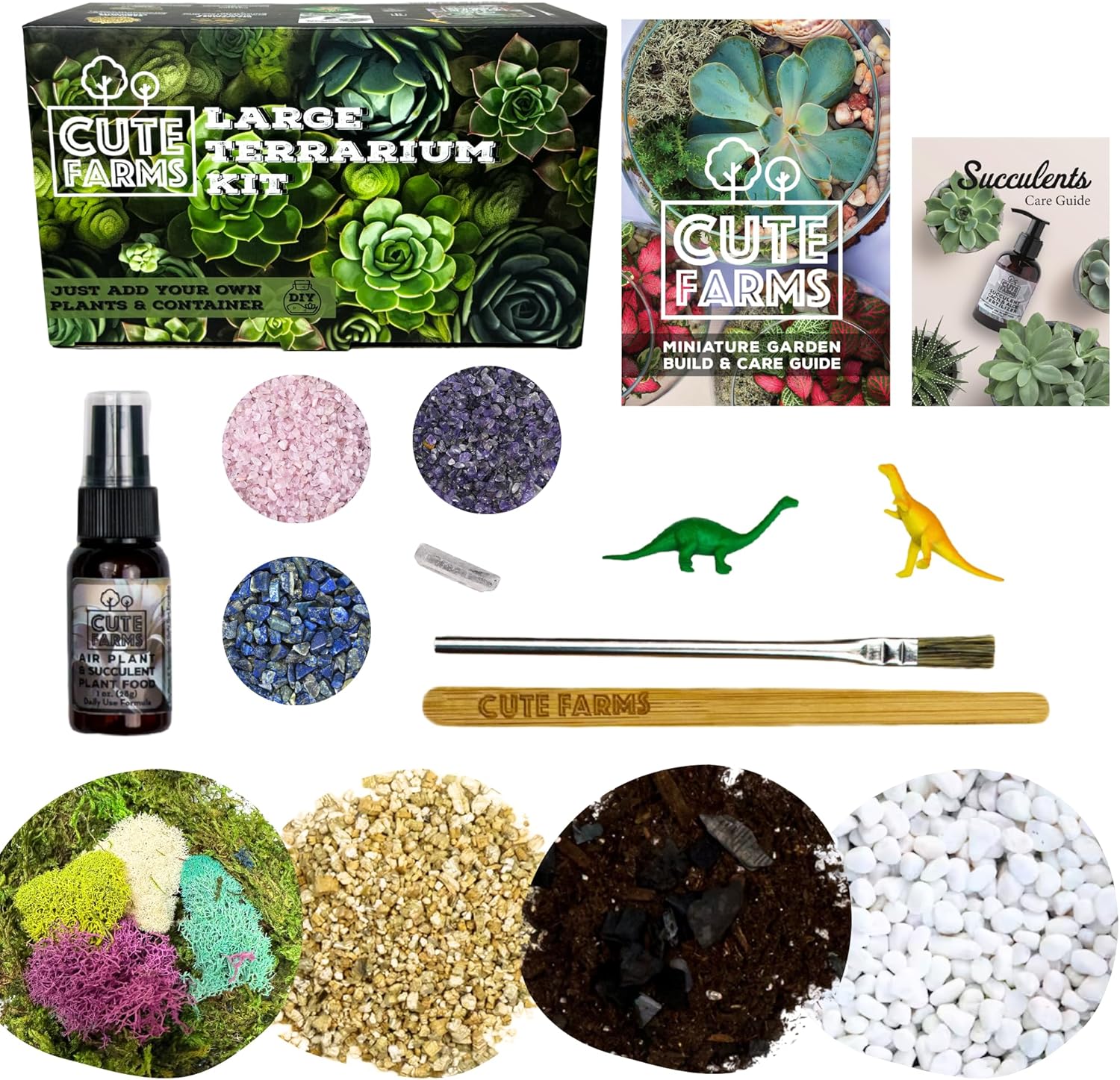 Cute Farms Terrarium Starter Kit | Moss, Vermiculite, Soil, Pebbles, Plant Food, & Finishing Tools (Large Kit + Crystals)