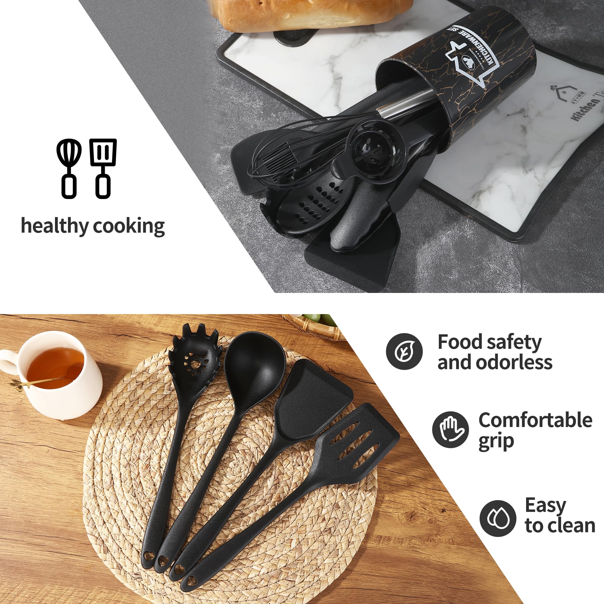 22 Stück Küchenhelfer Set,Silikon Küchenhelfer Set,Hitzebeständig Silikon Kochutensilien Kochgeschirr,Mit Aufbewahrungseimer, Gesunder Antihaftpfanne, Spülmaschinenfest (Schwarz)
