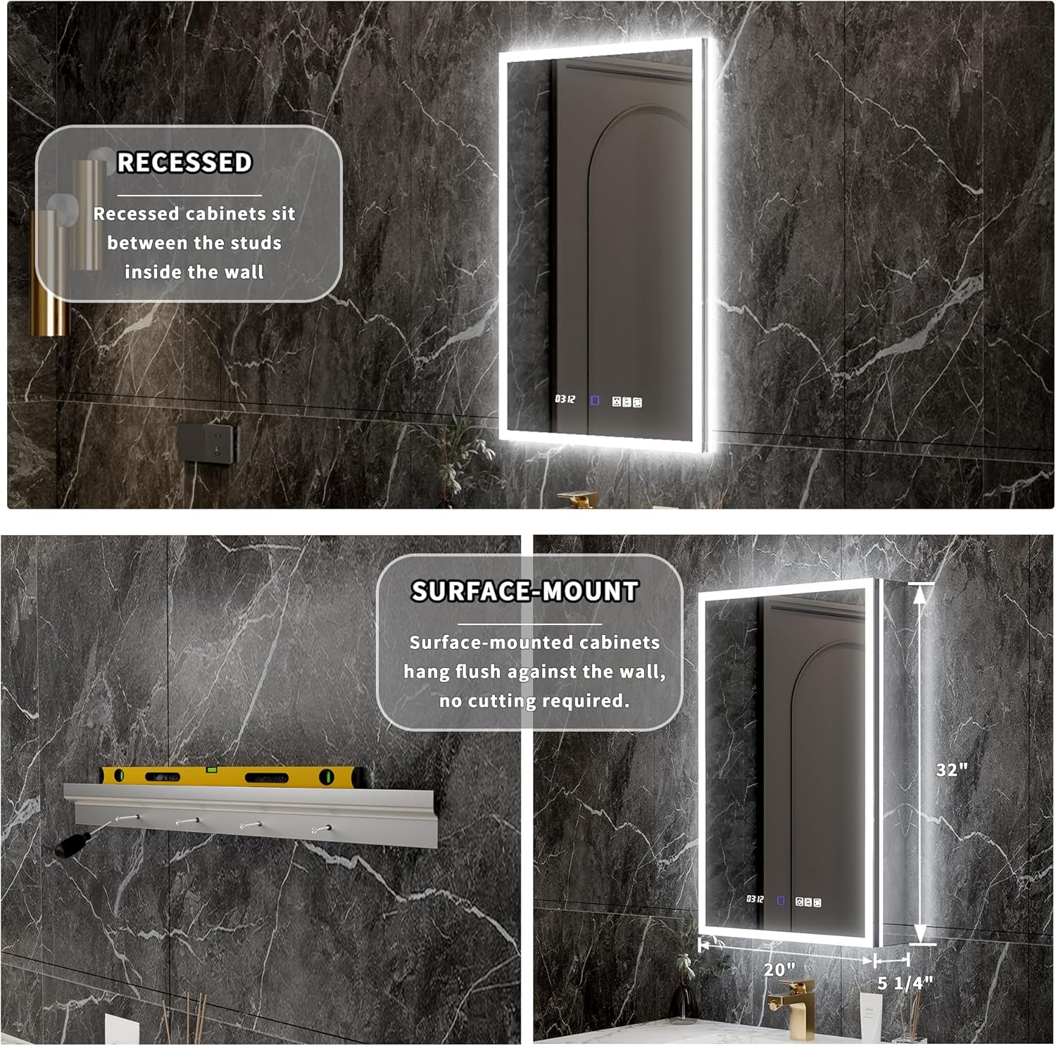 Lighted Medicine Cabinet 20" x 32", Front&Backlit led Medicine Cabinet with Mirror,10X Magnifier,Clock&Room Temper Display,Defog,Dimming,3-Color Temper Change, Surface or Recessed Mount, Left Hinge