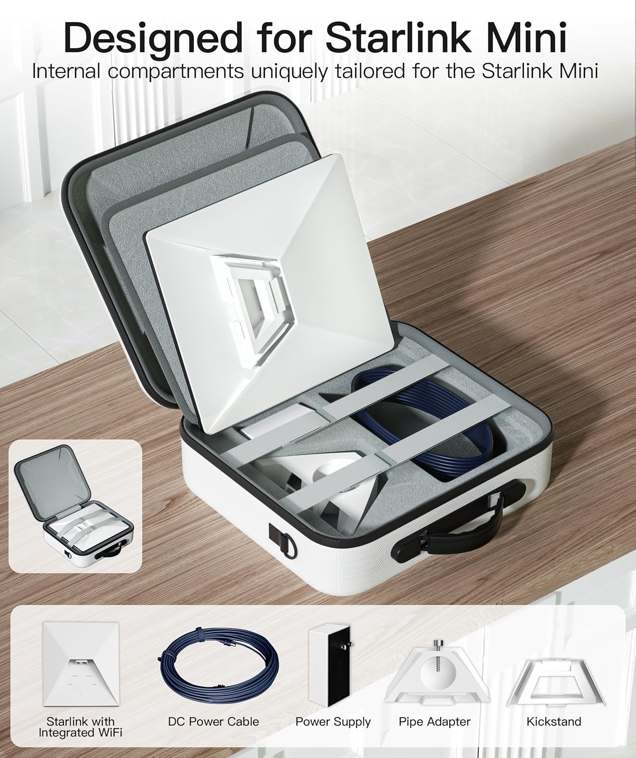 Waterproof Hard Case Compatible with Starlink Mini for Protection, Travel Carrying Case with Customized Internal Sections for Kickstand, Power Adapter, Pipe Adapter, Cables white - Image 2