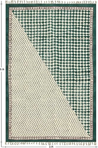 Miniatura 3 de CASAVANI Colección rectangular de 4 x 7 pies, color verde y beige, patrón de algodón Dhurrie, geométrico, Kilim para interiores y exteriores,