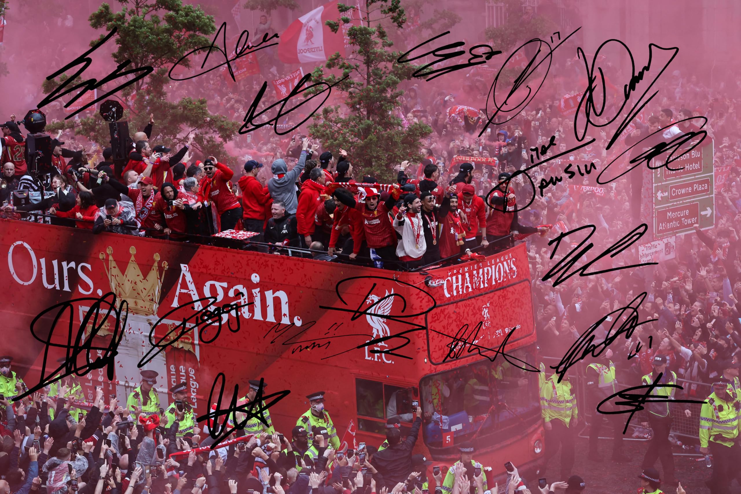 RJR PRINTS Liverpool - 2025 League Champions Team Bus Parade Multi Signed 12x8 Inch Montage Autograph Photo Print WIth Pre Printed Signatures Which Would Make A Superb Gift For Any Fan.