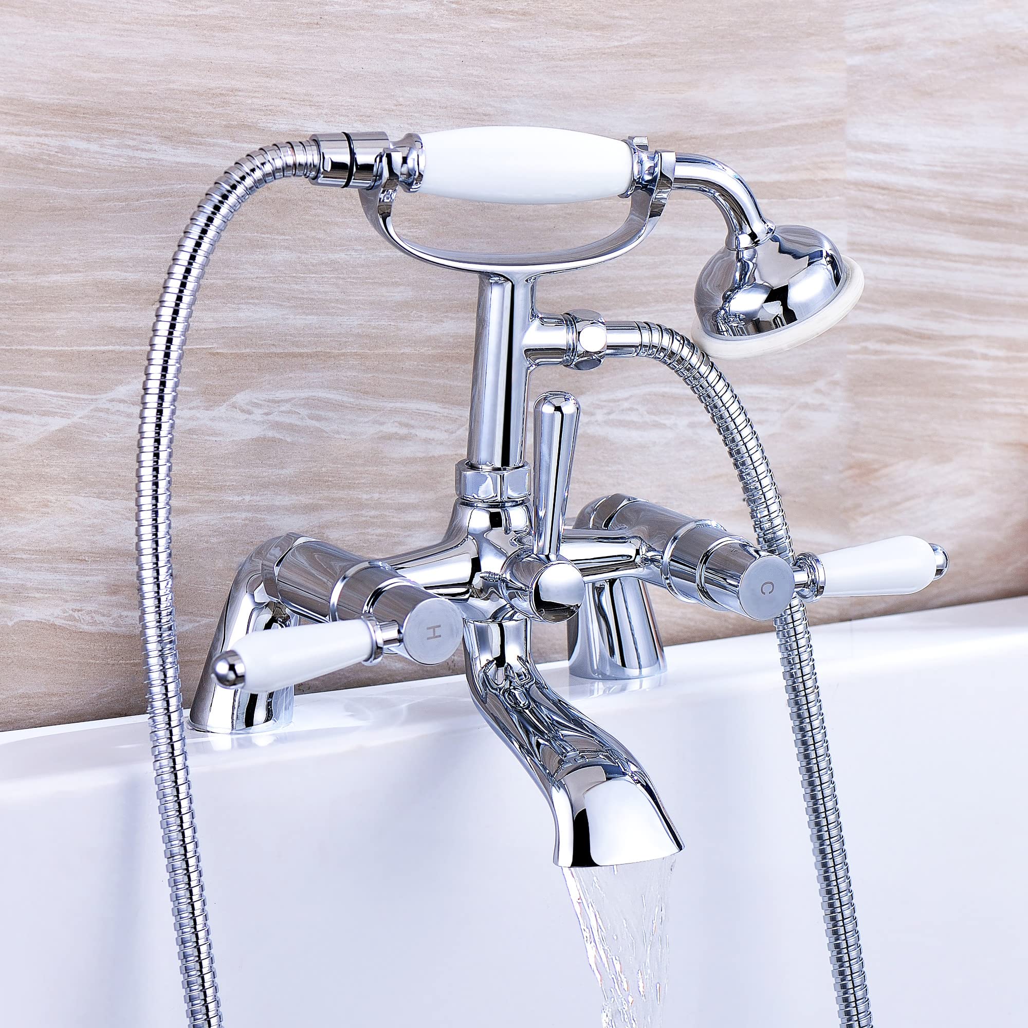 Enki Chrome Downton, Bt0508 Bath Shower Mixer Tap With White Ceramic Levers