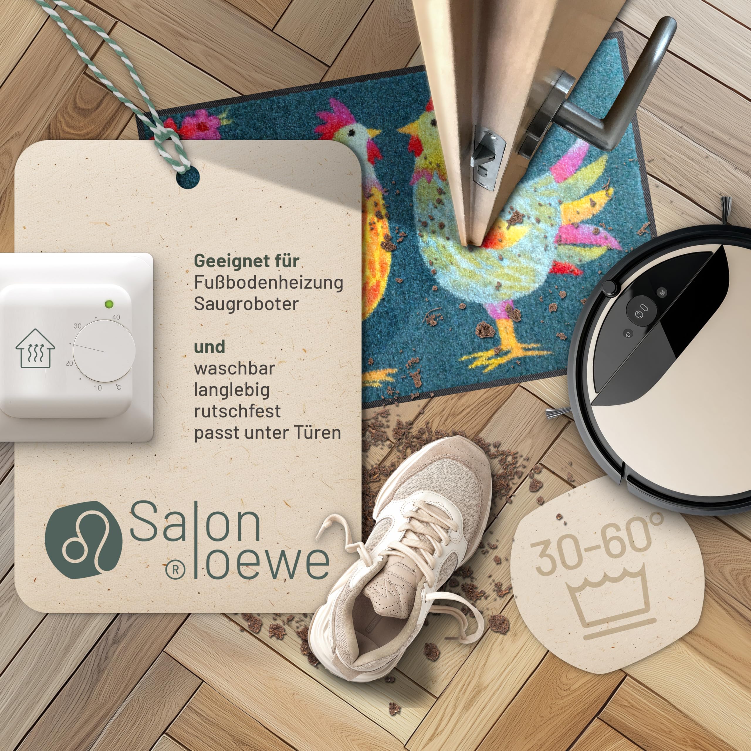 Salonloewe Fussmatte Rainbow Chicken Petrol I Schmutzfangmatte & Fußabtreter für Innen 50 x 75 cm