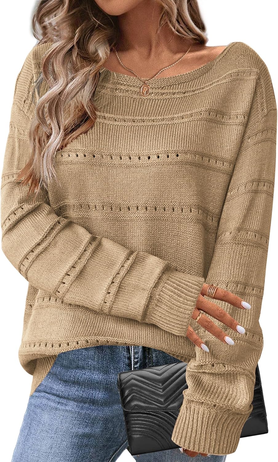 Zeagoo Womens Sweaters Cute Long Sleeve Off The Shoulder Pullover Tops Hollow Out Crochet Dressy Casual Outfits