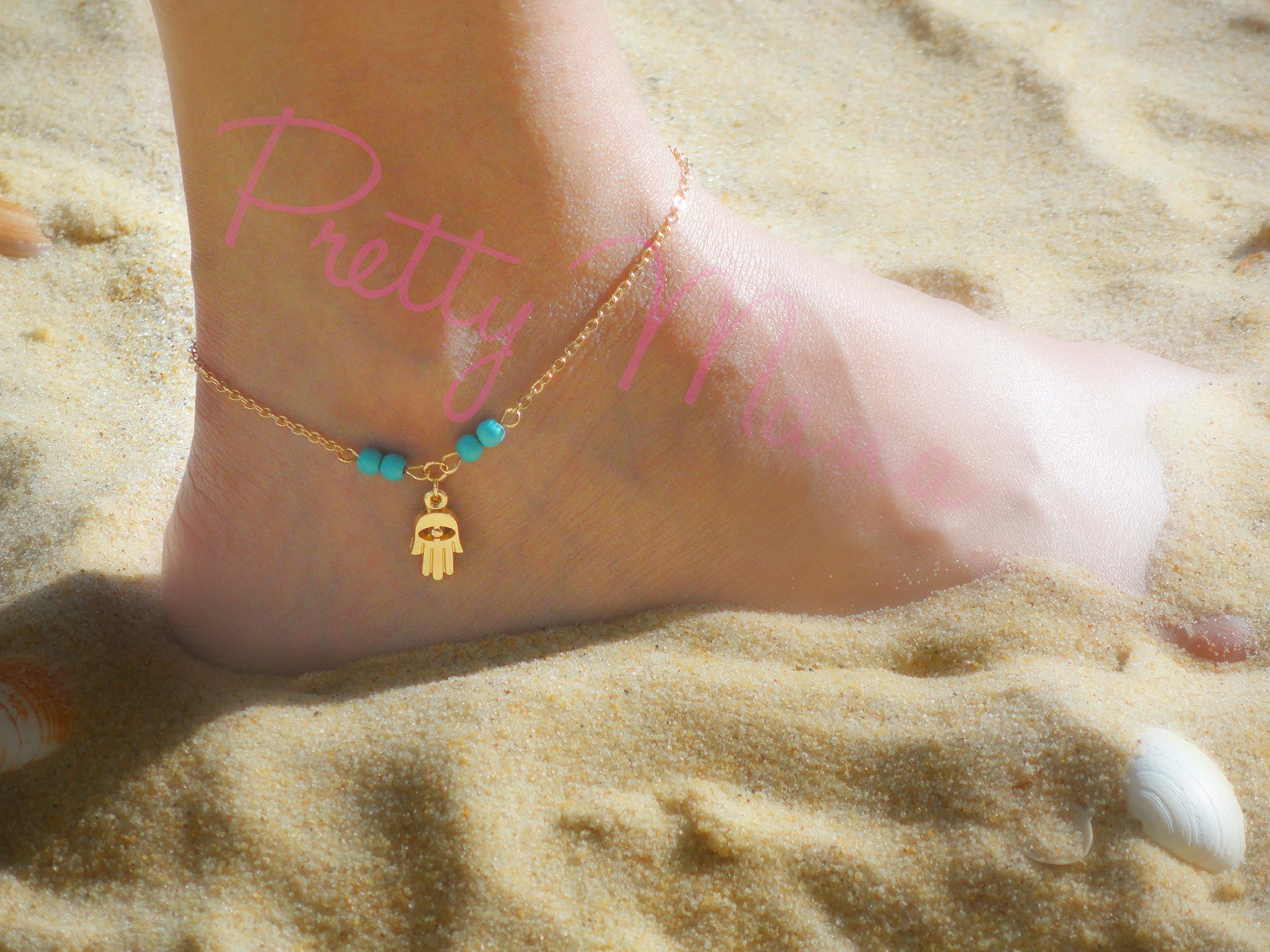 Hamsa Anklet, Turquoise Anklet, Ankle Bracelet, Hamsa Gold Anklet, Hamsa Bracelet, Foot Jewelry, Ankle Bracelet, Gold Turquoise, By Pretty Mana