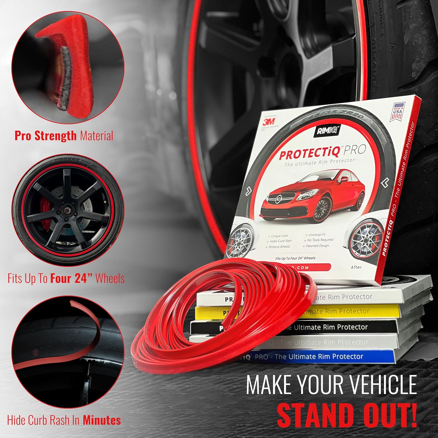 RIMiQ PROTECTiQ PRO Universal Rim Protection Trim - Curb Rash Guard with Award-Winning 3/8" Patented Design and Premium 3M Tape - Fits Up to 4X 24 Wheels, Cars, Trucks, SUVs - Red