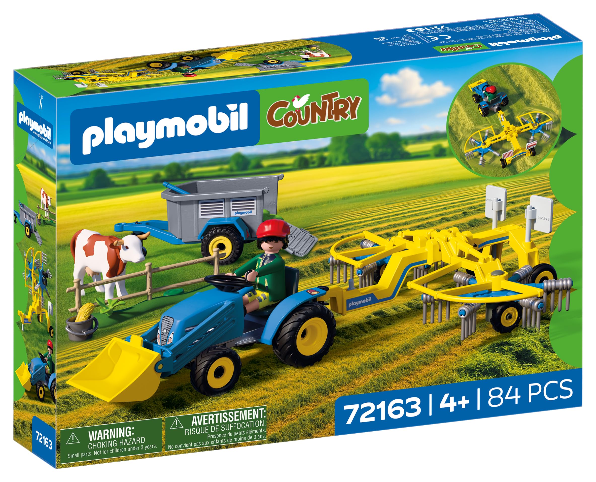 PLAYMOBIL | Country | Piccolo trattore con ranghinatore | Set trattore con ranghinatore, mucca, rimorchio e accessori | Per bambini da 4 anni | 72163