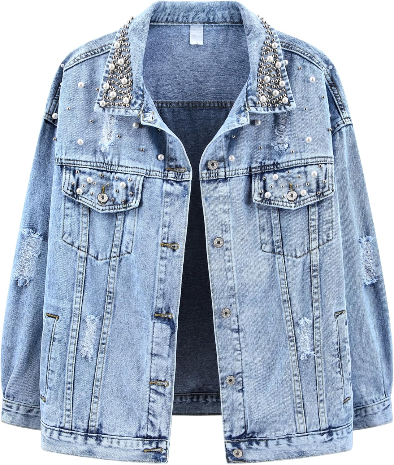 Kedera Pearl Beaded Denim Jacket for Women Button Down Oversized Jean Jacket Distressed Long Sleeves Cropped Casual Coat - Image 5