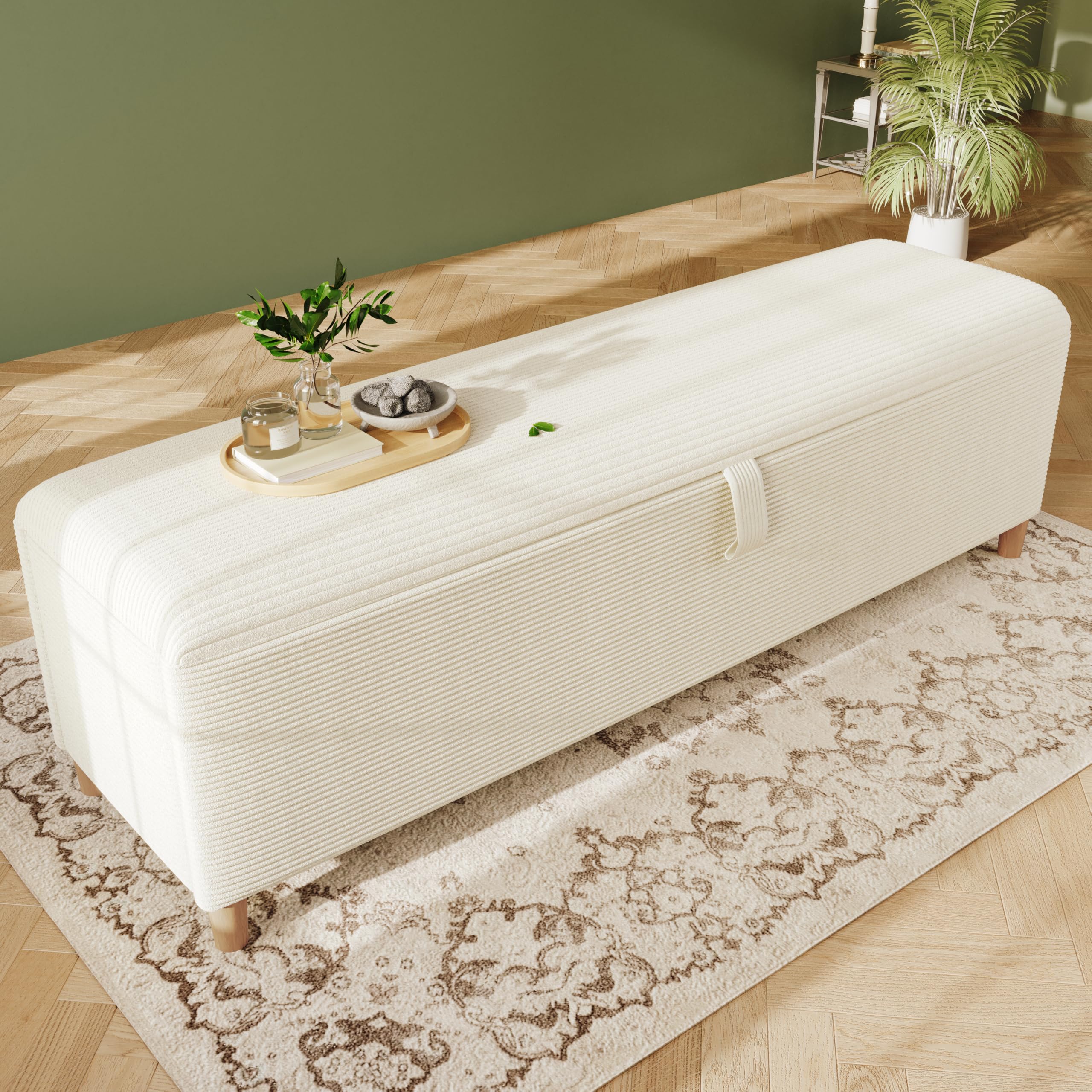 SACOOL Panca da letto con vano portaoggetti 165 x 38 cm, con vano portaoggetti idraulico, adatta per camera da letto, soggiorno e corridoio, effetto velluto a coste beige.