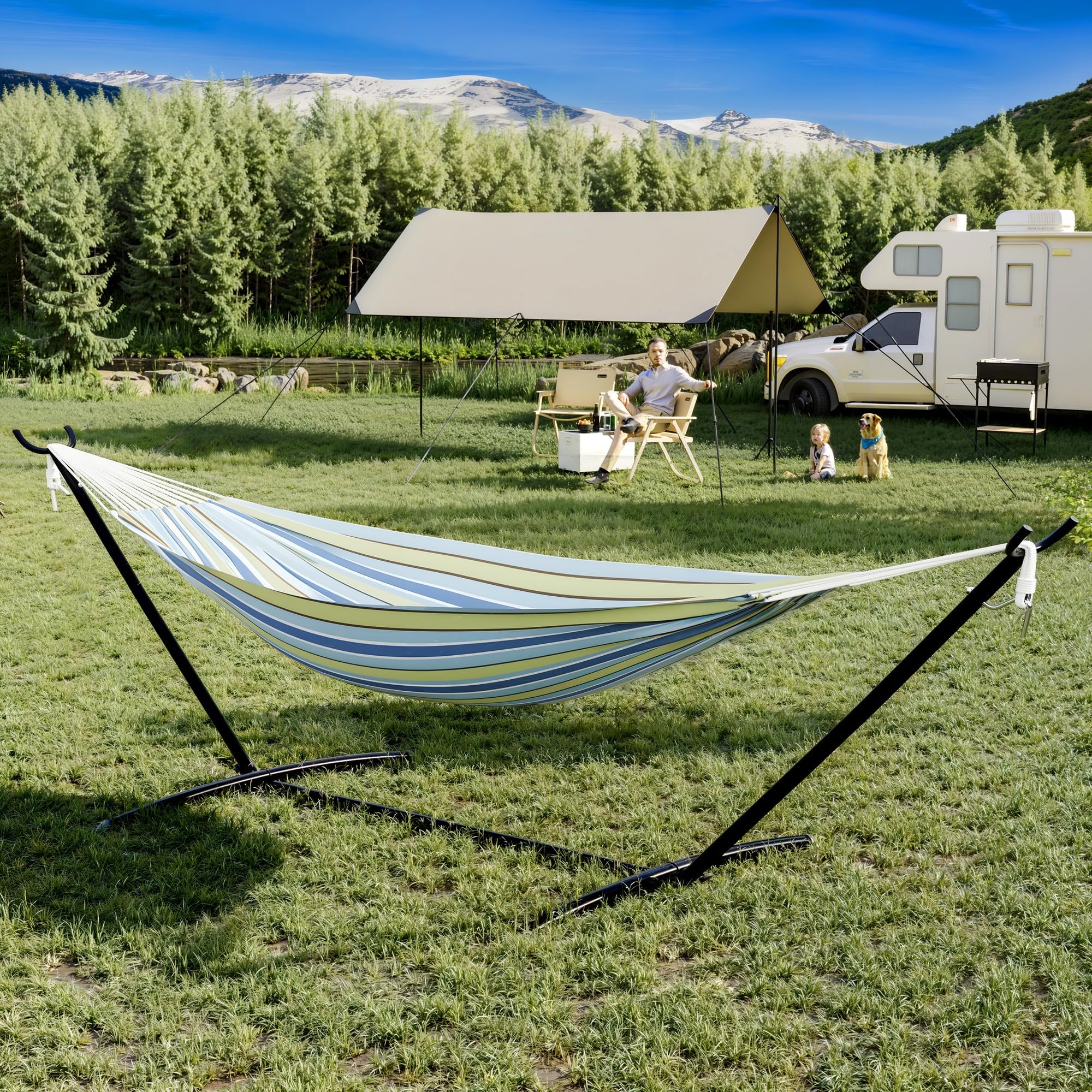 Hamaca Doble Antivuelco con Soporte de Acero Robusto, Altura Regulable, Gran Capacidad, Tela Transpirable Plegable con Bolsa de Transporte para Jardín, Balcón, Camping Interior y Exterior | Tejido transpirable de 320 g, anillo de metal reforzado, ajuste d