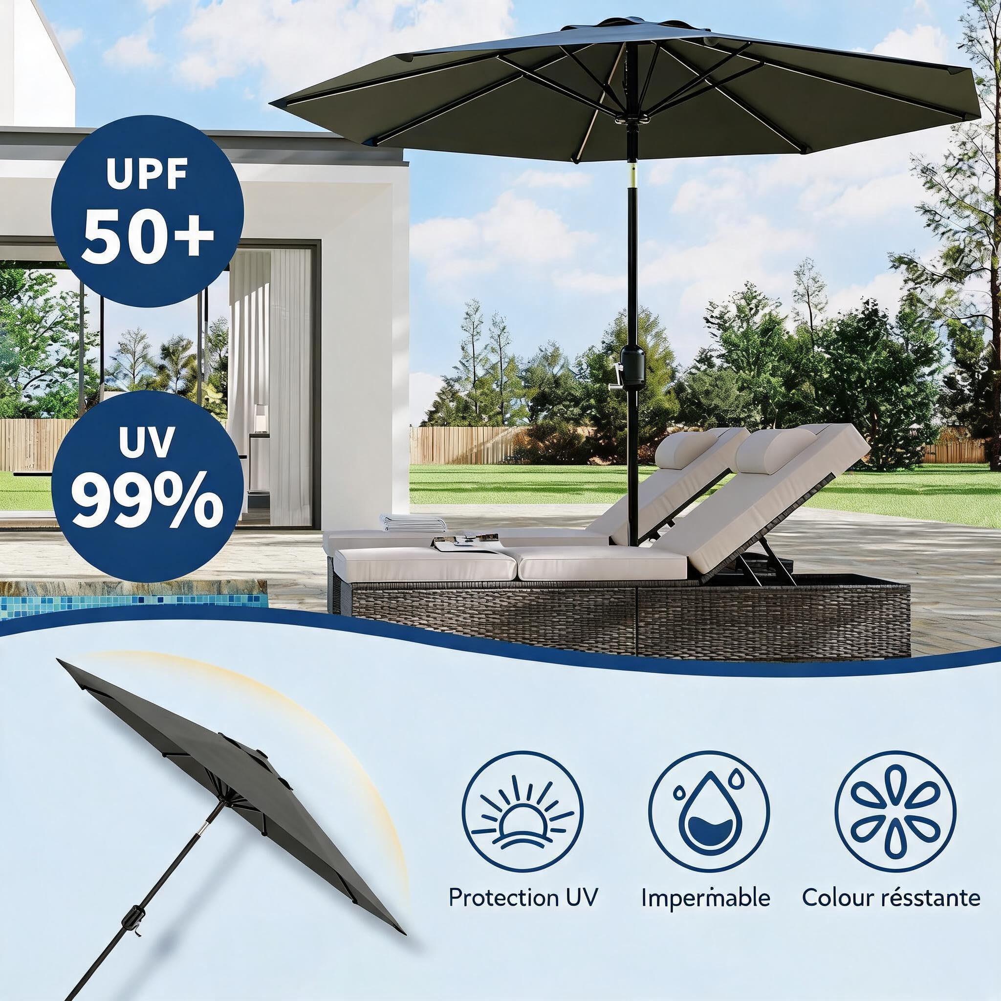 Parasol de Jardin 2,7 m Étanche UV50+, Manivelle, Inclinaison, Gris