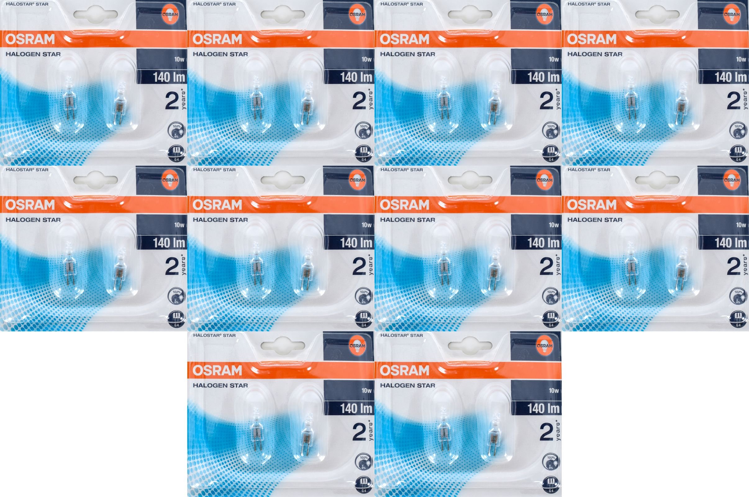Osram Lot de 2 ampoules halogènes à culot à broches 10 W 140 lm G4 2800 K Blanc chaud à intensité variable Lot de 10 x 2 Basse tension