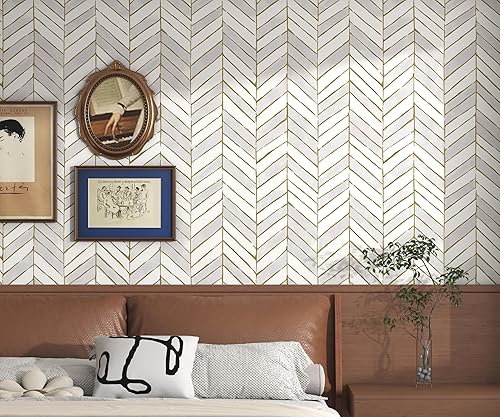 Miniatura 7 de Papel tapiz dorado y gris claro, papel de contacto geométrico moderno de 17.3 x 78.7 pulgadas, papel tapiz de espiga extraíble, papel de contacto a