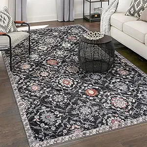 KILOCOCO 5x7 Area Rug, Moroccan Super Soft Washable Living Room Vintage Rug, Non-Slip Large Print Faux Wool Throw Indoor Rug for Entryway Bedroom Office Carpet, Charcoal/Multi