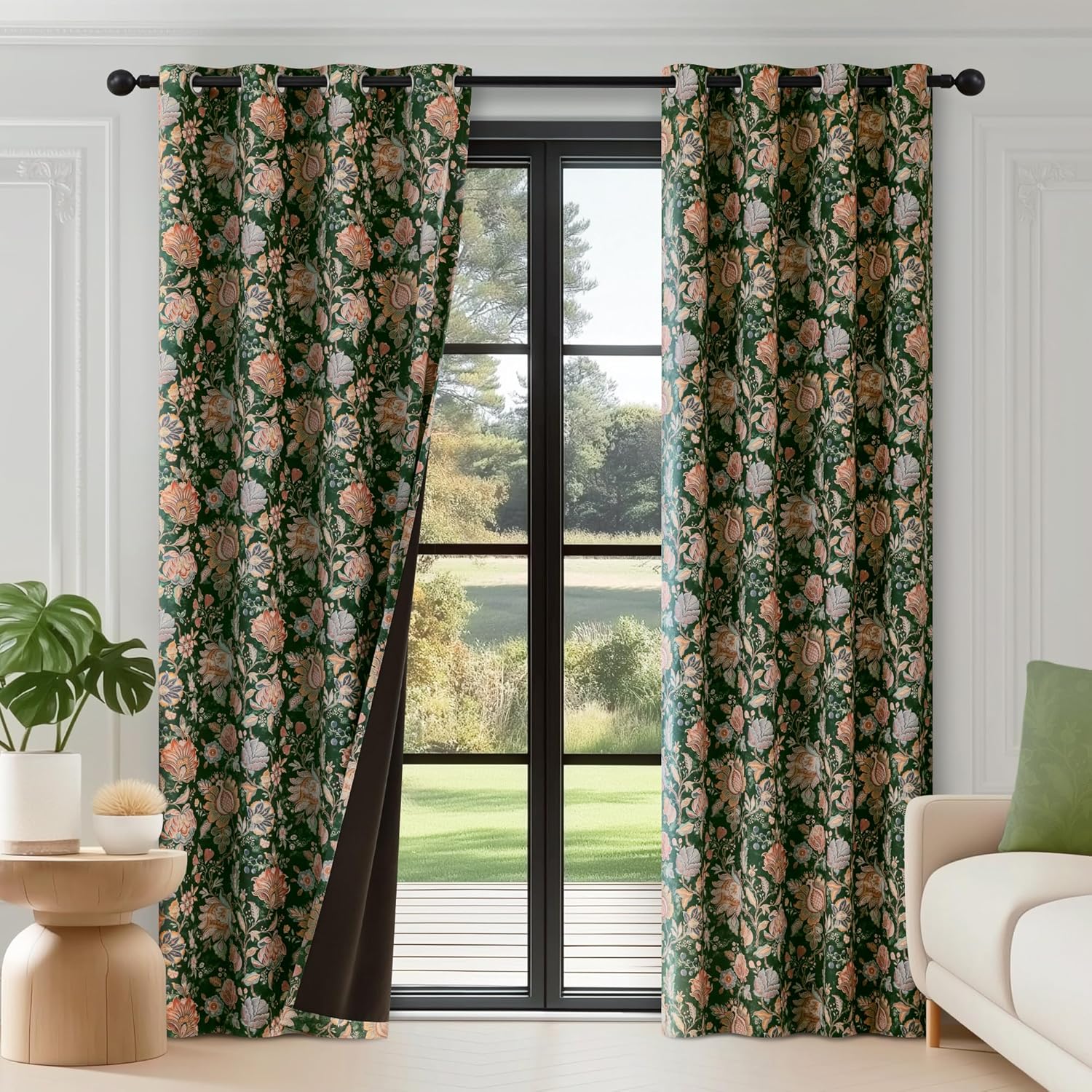 FMFUNCTEX 100% Boho Blackout Floral Curtains for Bedroom, Vintage Flower Patternd Emerald Green Curtains 84 Inch Length for Living Room Darkening Thermal Insulated Grommet Window Drapes 2 Panels