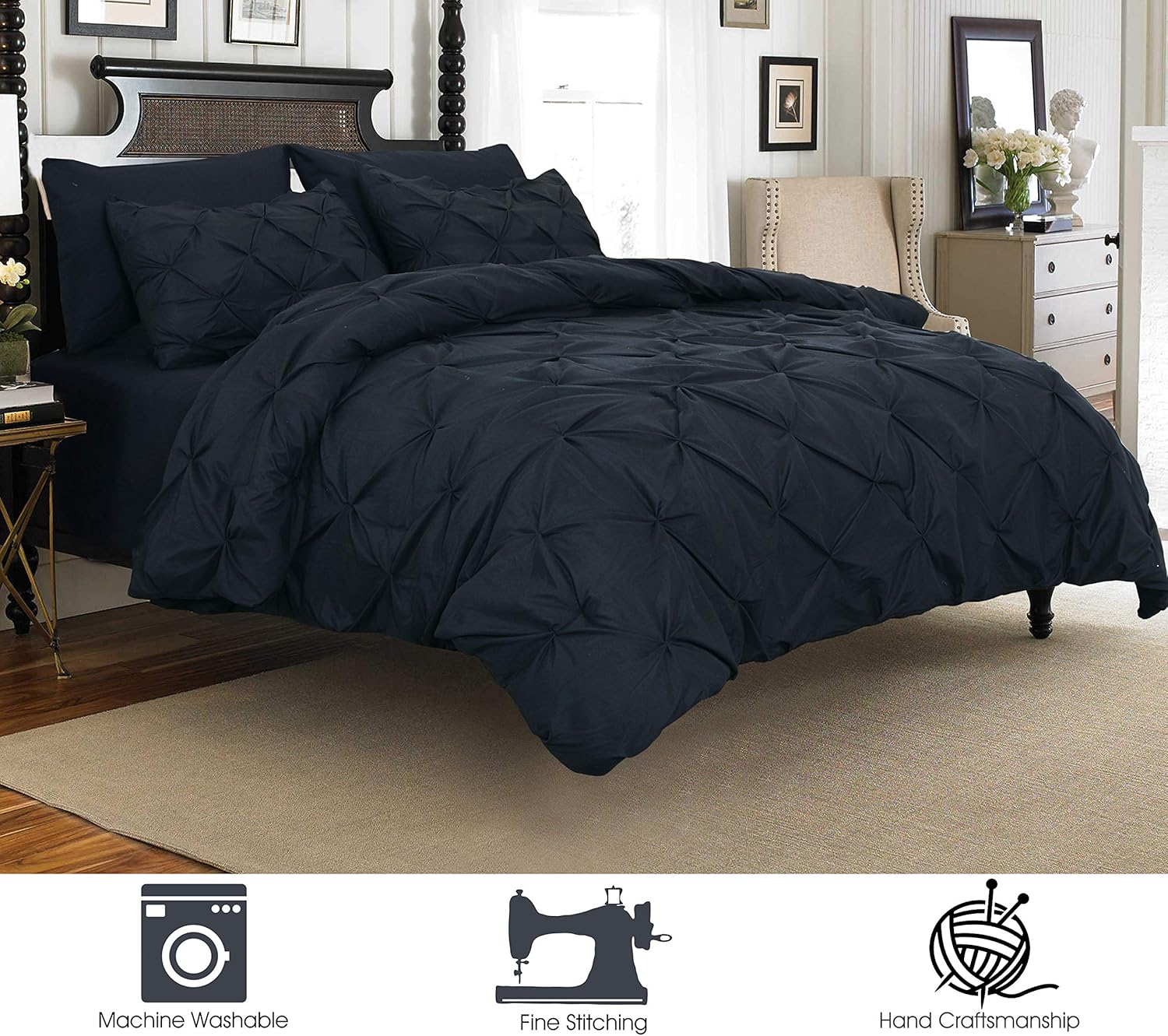 Elegant Comfort 3 Piece Pinch-Pleated Button Closure, Wrinkle-Resistant Ultra-Soft Microfiber Duvet Cover Set, Luxurious Pintuck Décor, Full/Queen, Black