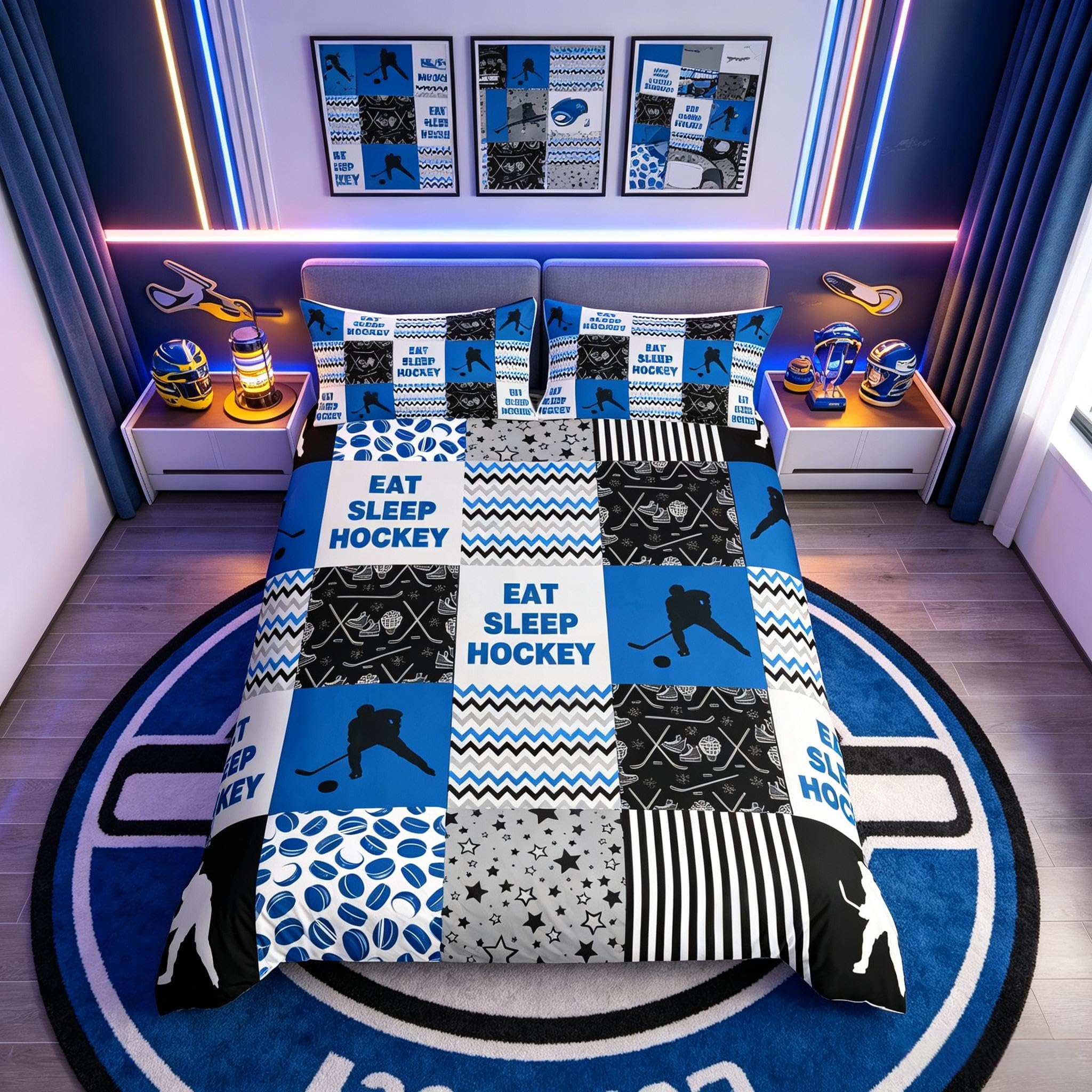 Loussiesd Ice Hockey Bedding Set Kids Hockey Player Hockey Punk Comforter Cover Set for Boys Girls Men Winter Sports Duvet Cover Breathable Blue Grid Geometric Bedspread Cover Cot