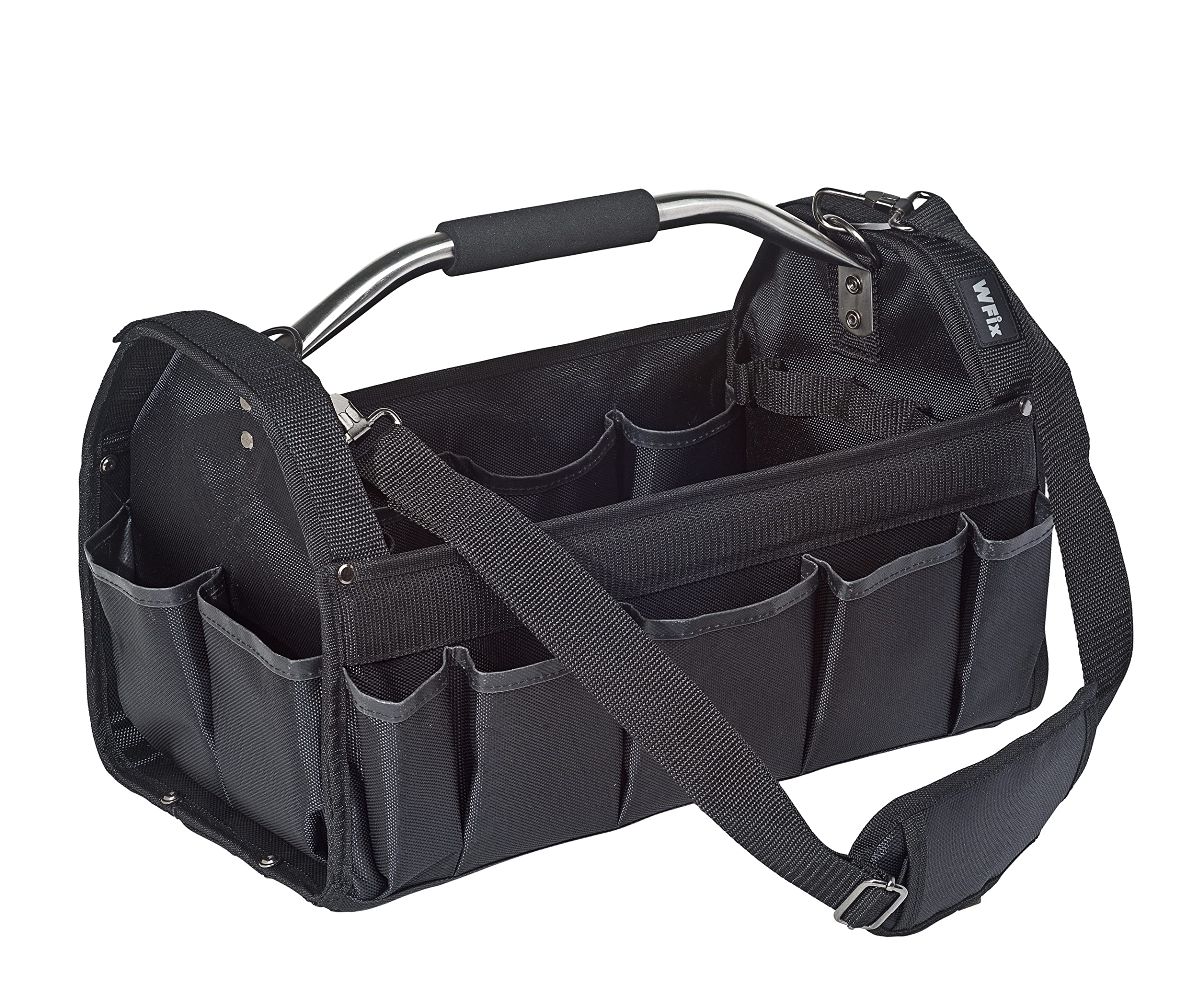 Wfix Bolsa de herramientas profesional vacía abierta, tamaño L – 44 x 24 x 32 cm | Portaherramientas de poliéster D900 con asa de acero inoxidable y correa ajustable para el hombro