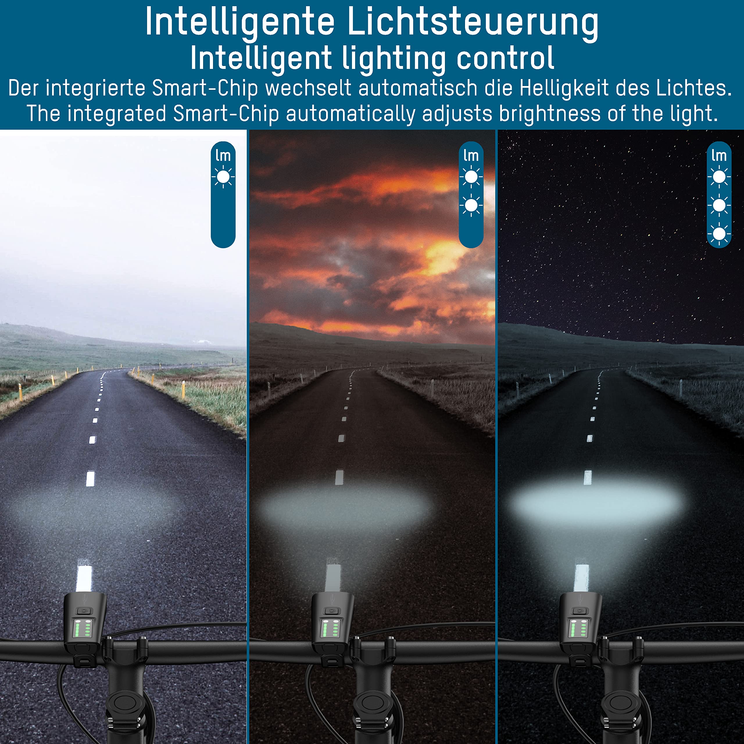 ANSMANN zestaw świateł rowerowych z certyfikatem ruchu drogowego OSRAM LED. Światła mijania 200 m zasięg świecenia 100 luksów 180 lumenów IPX5 zasilanie bateryjne i ładowane przez USB rower LED