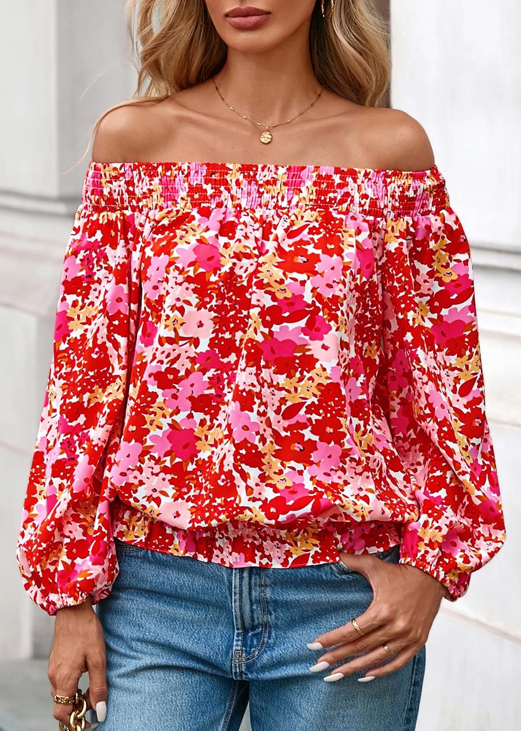 KIRUNDO Early Fall Fashion Off The Shoulder Tops for Women 2025 Boho Floral Blouse Long Sleeve Shirts Going Out Clothing - Image 4