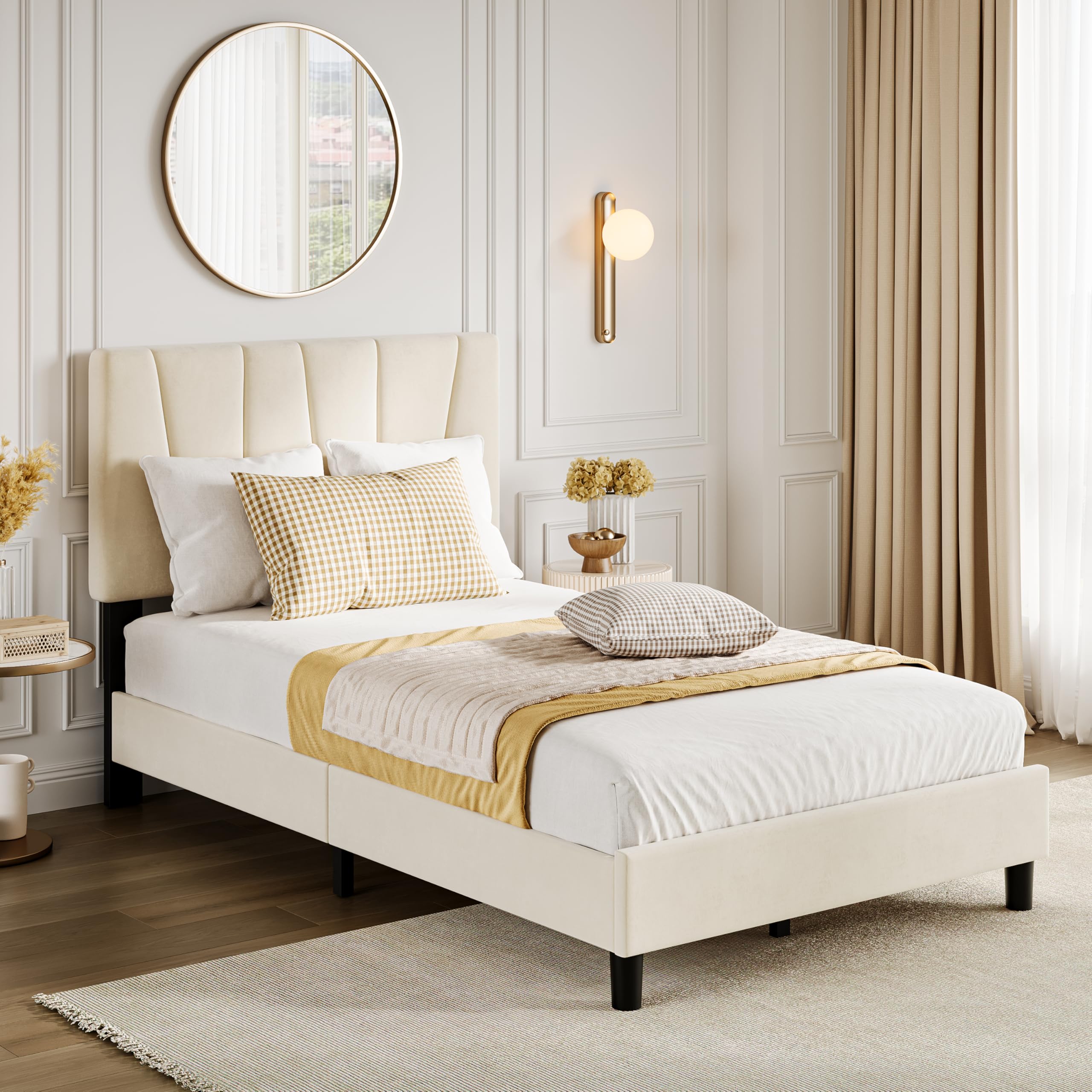 Twin Bed Frame With Adjustable Headboard & 2 Drawers – Velvet Upholstered Platform Bed, No Box Spring Needed