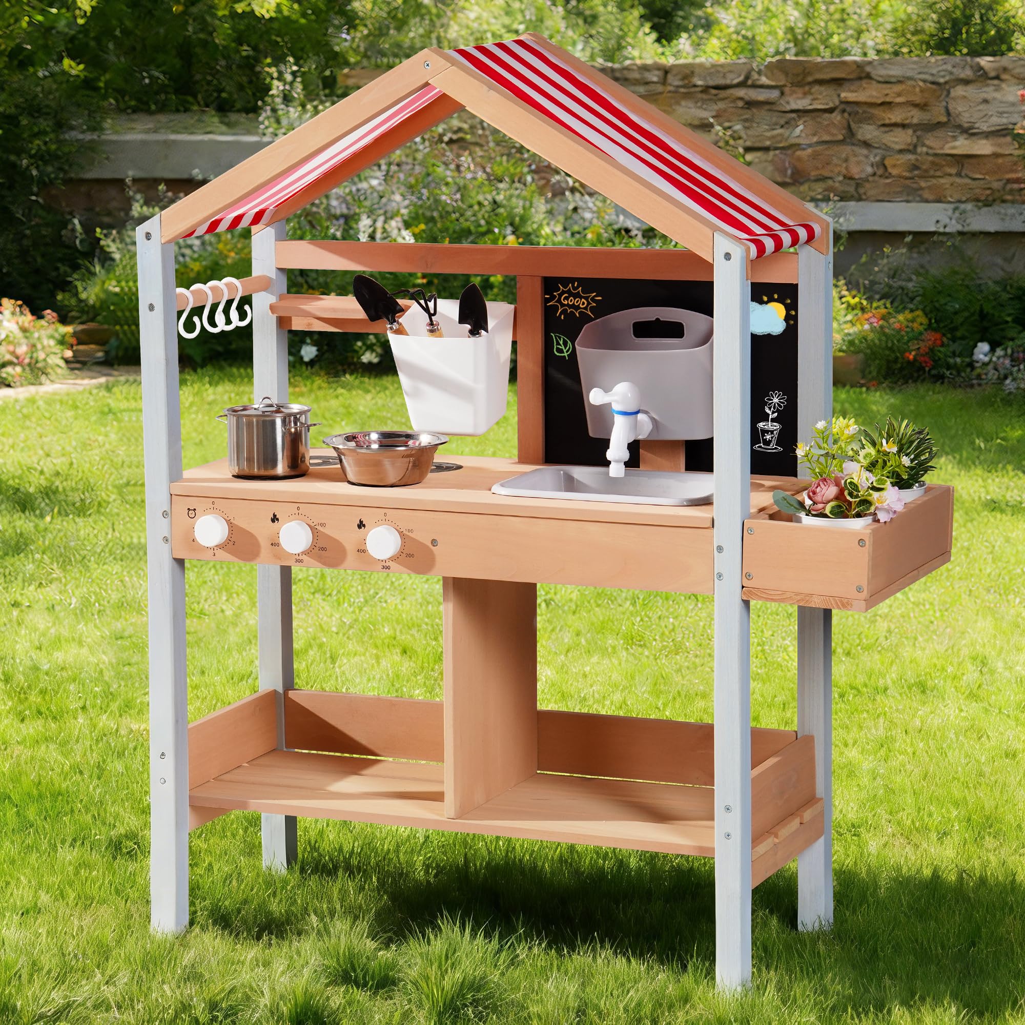 ROBOTIME Mud Kitchen for Kids Outdoor with Canopy, Wooden Outdoor Play Kitchen with Sink, Stove, Chalkboard & Storage, Backyard Garden Pretend Play