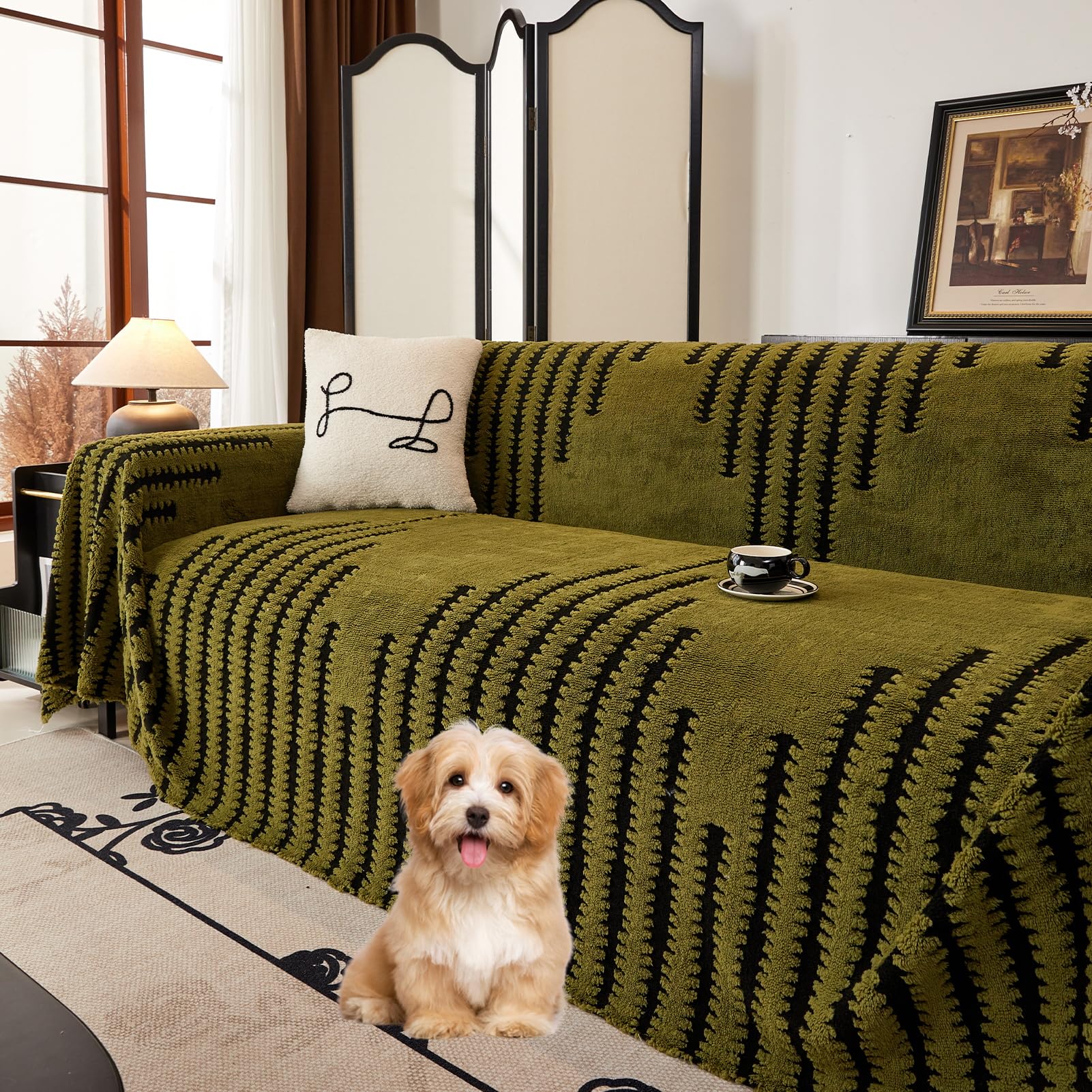 GYHH Boho Plush Sofa Cover for 1 2 3 4 Seater, Non Slip Couch Covers L Shape, Furniture Protector Loveseat Futon Cover Blanket for Living Room Bedroom Decoration (Dark Green,180 * 150cm)