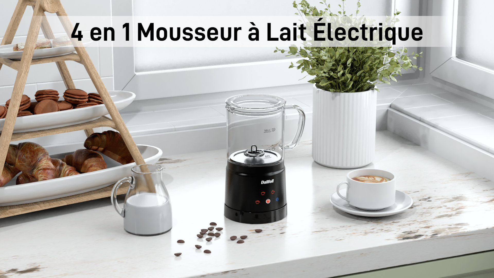 Dallfoll Mousseur à Lait Électrique 4 en 1 Multifonction, 400W