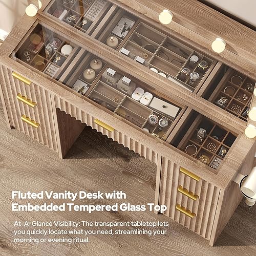 Vista 4 de Escritorio de maquillaje estriado de 47 pulgadas con espejo grande de 42 pulgadas y luces LED ajustables, mesa de tocador grande moderna con 7