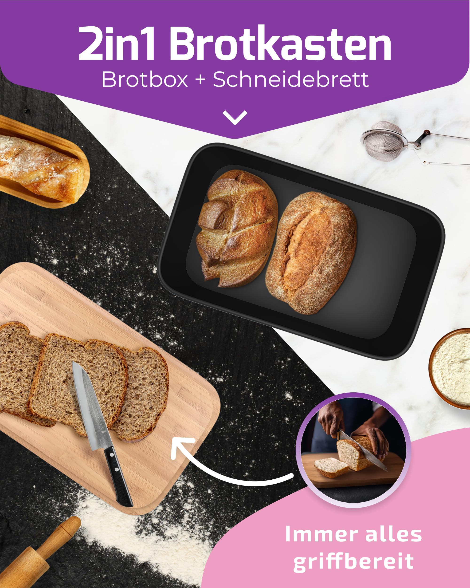 Brotkasten Schwarz – Brotbox mit Bambusdeckel als Schneidebrett [2in1 Brotbehälter]- inklusive gratis Brotbeutel Leinen - perfekte Brotaufbewahrung für lange Frische- Premium Brot Aufbewahrungsbox