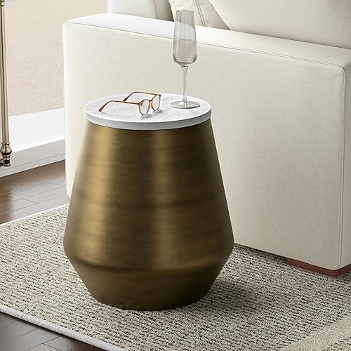 Miniatura 84 de SIMPLIHOME Johnsen - Mesa de metal, 15 pulgadas de ancho, con tambor de hierro macizo, color plata antigua con patrón tribal, mesa auxiliar redonda