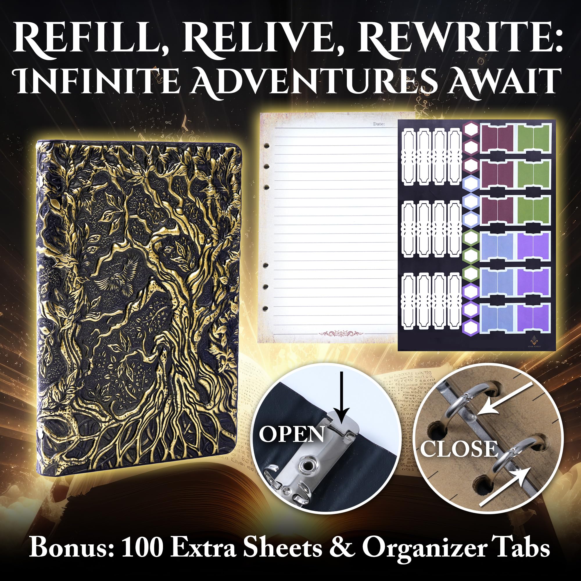 Quaderno per appunti, ricaricabile, per DND – Design 3D Albero della Vita (A5) | A5 400 pagine (200 fogli), perfetto per Dungeons and Dragons (D&D), schede bonus e righello, per giocatori e DM